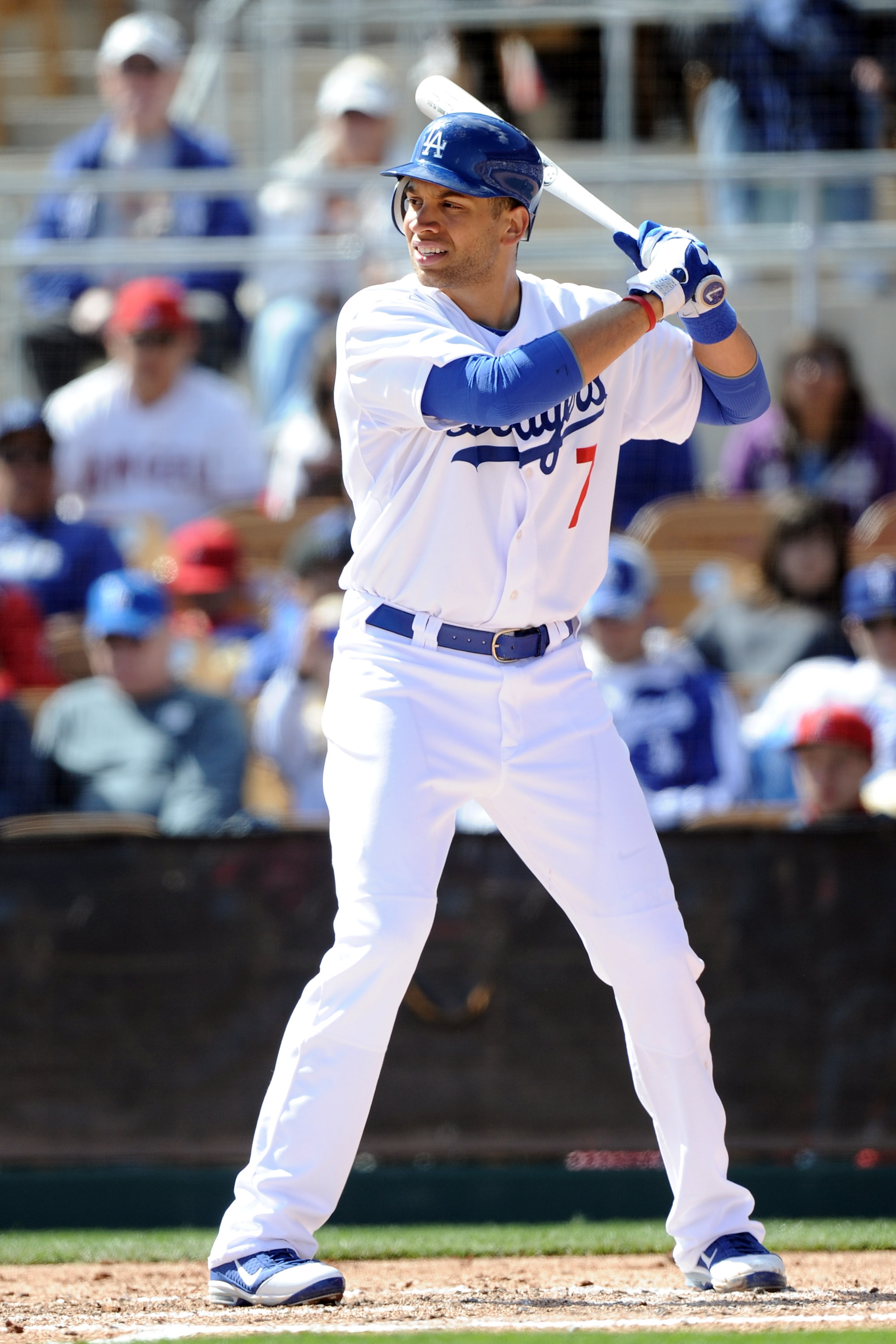 PHOENIX, AZ - FEBRUARY 27: James Loney #7 of the Los Angeles Dodgers at bat during spring training at Camelback Ranch on February 27, 2011 in Phoenix, Arizona. (Photo by Harry How/Getty Images) PHOENIX, AZ - FEBRUARY 27: James Loney #7 of the Los Angeles Dodgers at bat during spring training at Camelback Ranch on February 27, 2011 in Phoenix, Arizona. (Photo by Harry How/Getty Images)