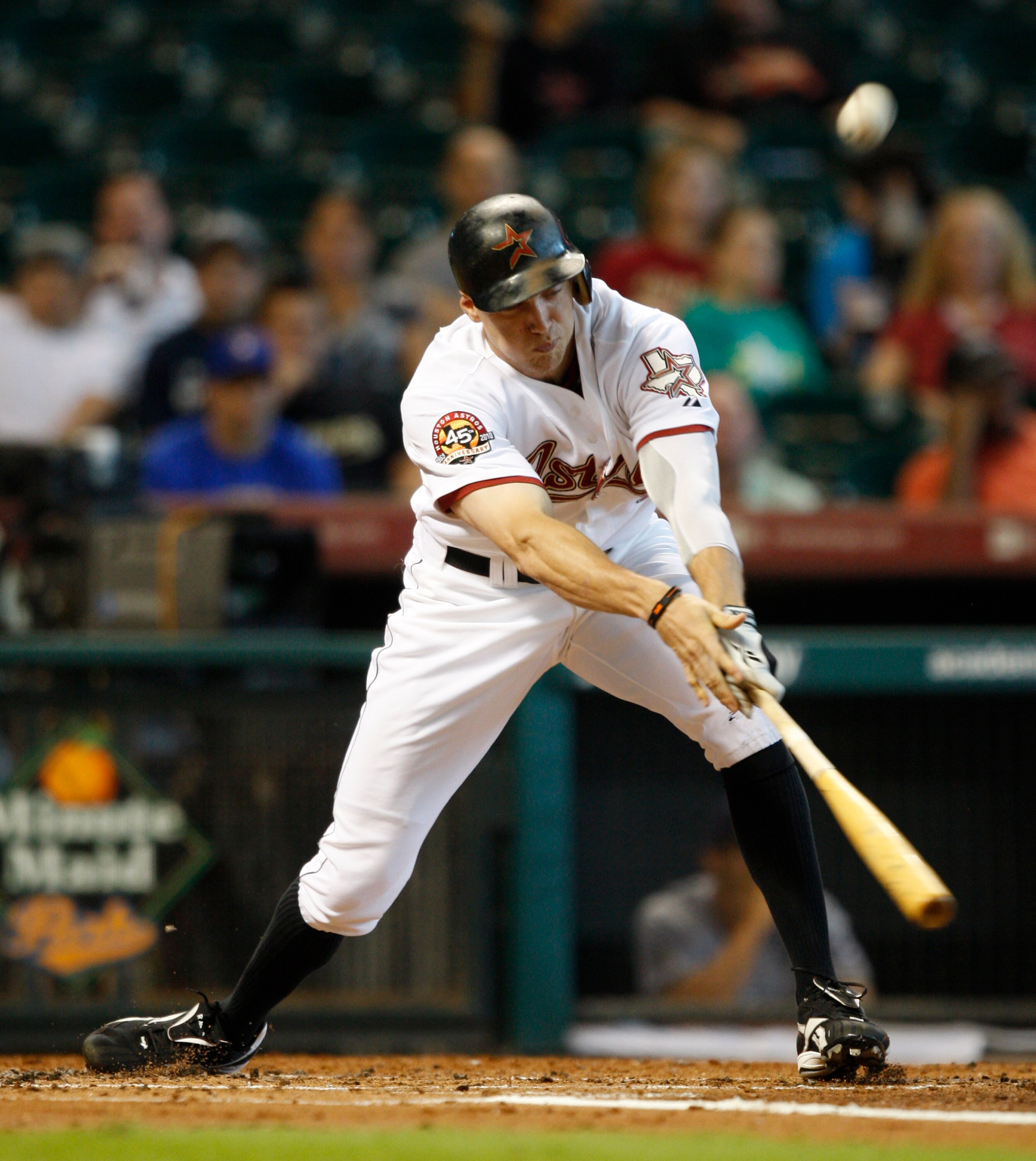 HOUSTON - SEPTEMBER 15:  Hunter Pence #9 of the Houston Astros flies out to right field in the first inning against the Milwaukee Brewers at Minute Maid Park on September 15, 2010 in Houston, Texas.  (Photo by Bob Levey/Getty Images)