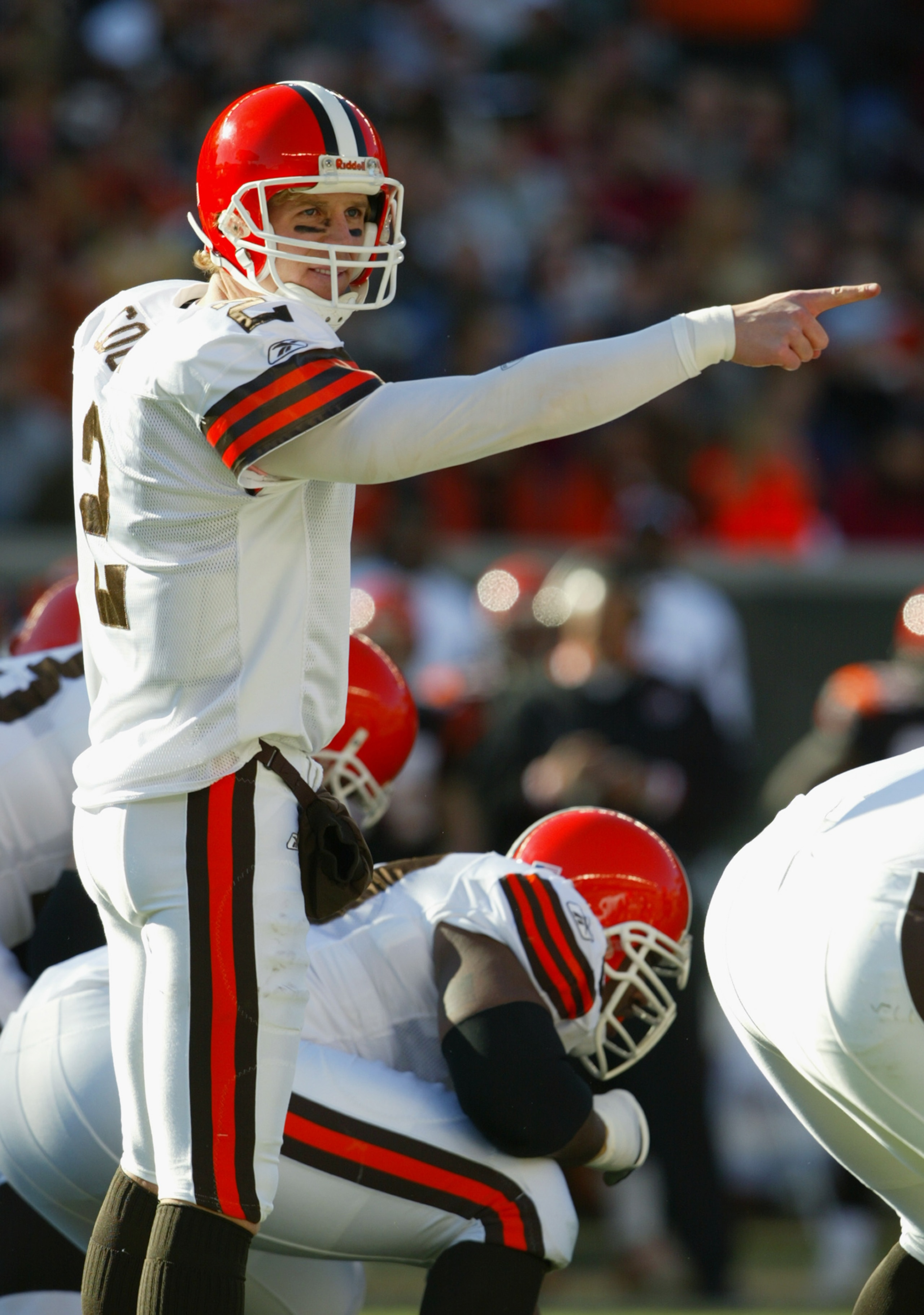 CINCINNATI - DECEMBER 28:  Quarterback Tim Couch #2 of the Cleveland Browns points out the defensive alignment of the Cincinnati Bengals during the game on December 28, 2003 at Paul Brown Stadium in Cincinnati, Ohio. The Browns won 22-14.(Photo by Andy Ly