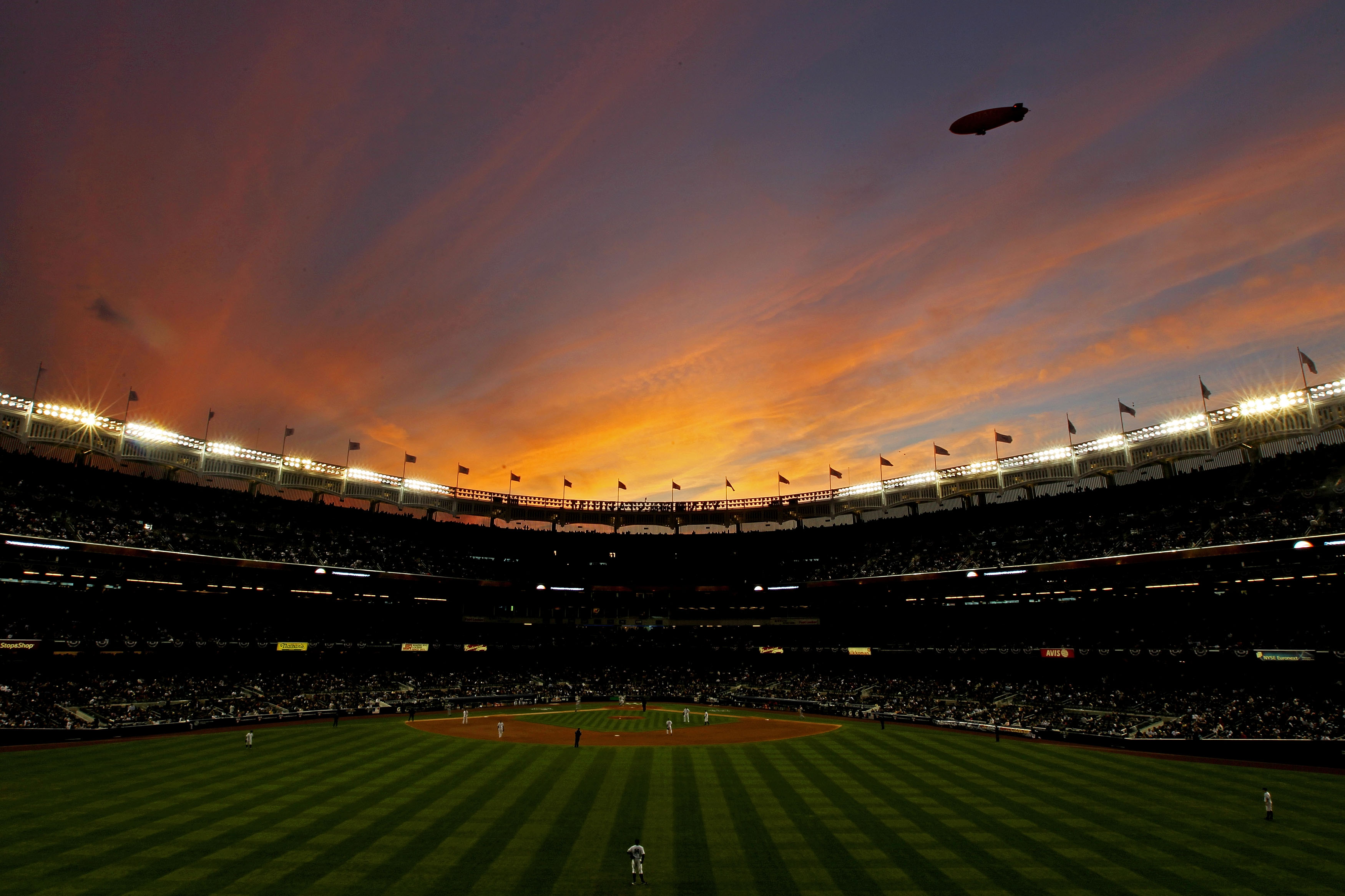 NEW YORK - OCTOBER 20:  The Conan blimp flies over Yankee stadium as the New York Yankees play against the Texas Rangers in Game Five of the ALCS during the 2010 MLB Playoffs at Yankee Stadium on October 20, 2010 in the Bronx borough of New York City.  (P