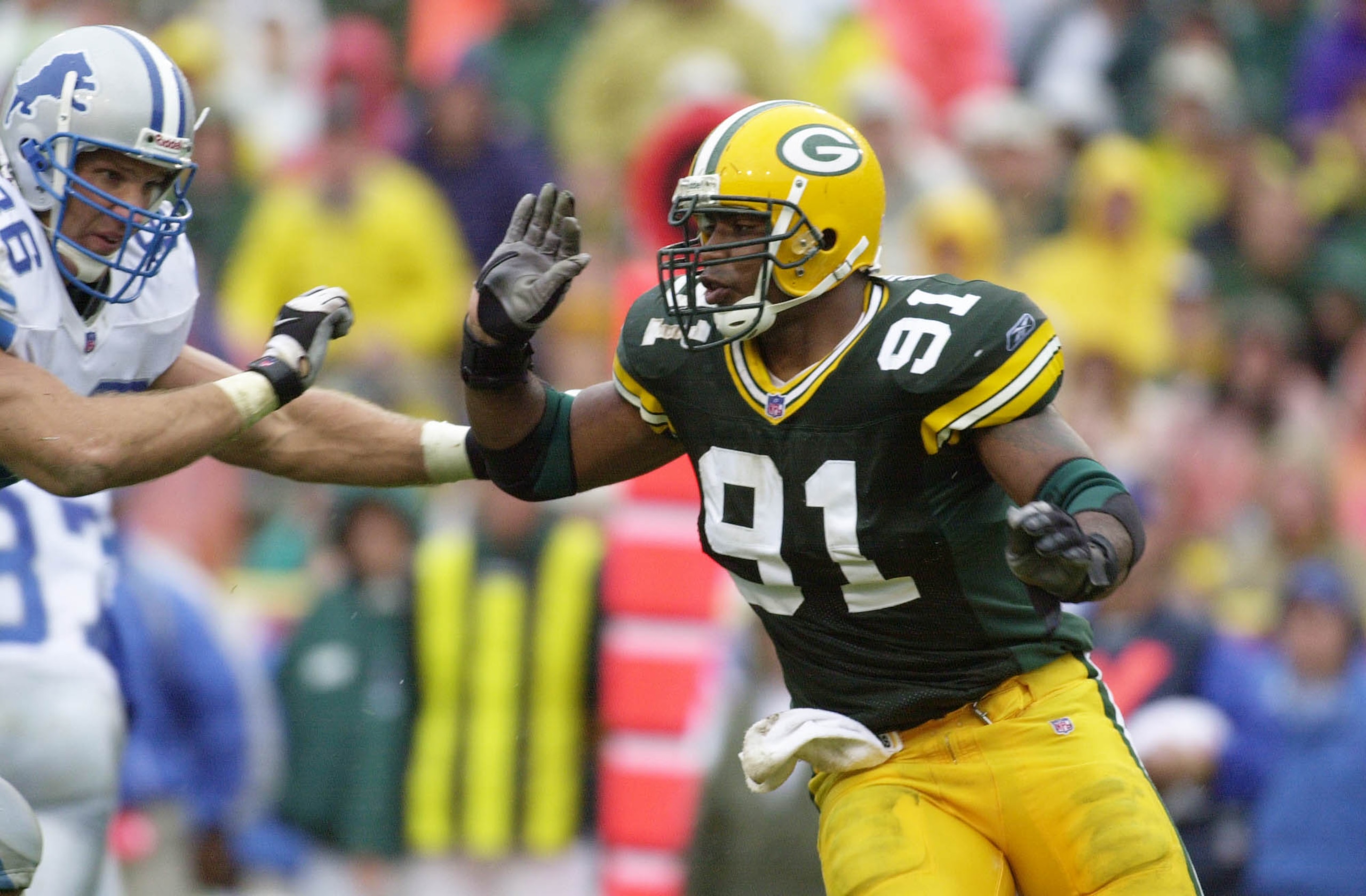 09 Sep 2001: Joe Johnson of the Green Bay Packers moves against the Detroit Lions during the game at Lambeau Field in Green Bay, Wisconsin. The Packers defeated the Lions 28-6. DIGITAL IMAGE. Mandatory Credit: Jonathan Daniel/Allsport 09 Sep 2001: Joe Johnson of the Green Bay Packers moves against the Detroit Lions during the game at Lambeau Field in Green Bay, Wisconsin. The Packers defeated the Lions 28-6. DIGITAL IMAGE. Mandatory Credit: Jonathan Daniel/Allsport