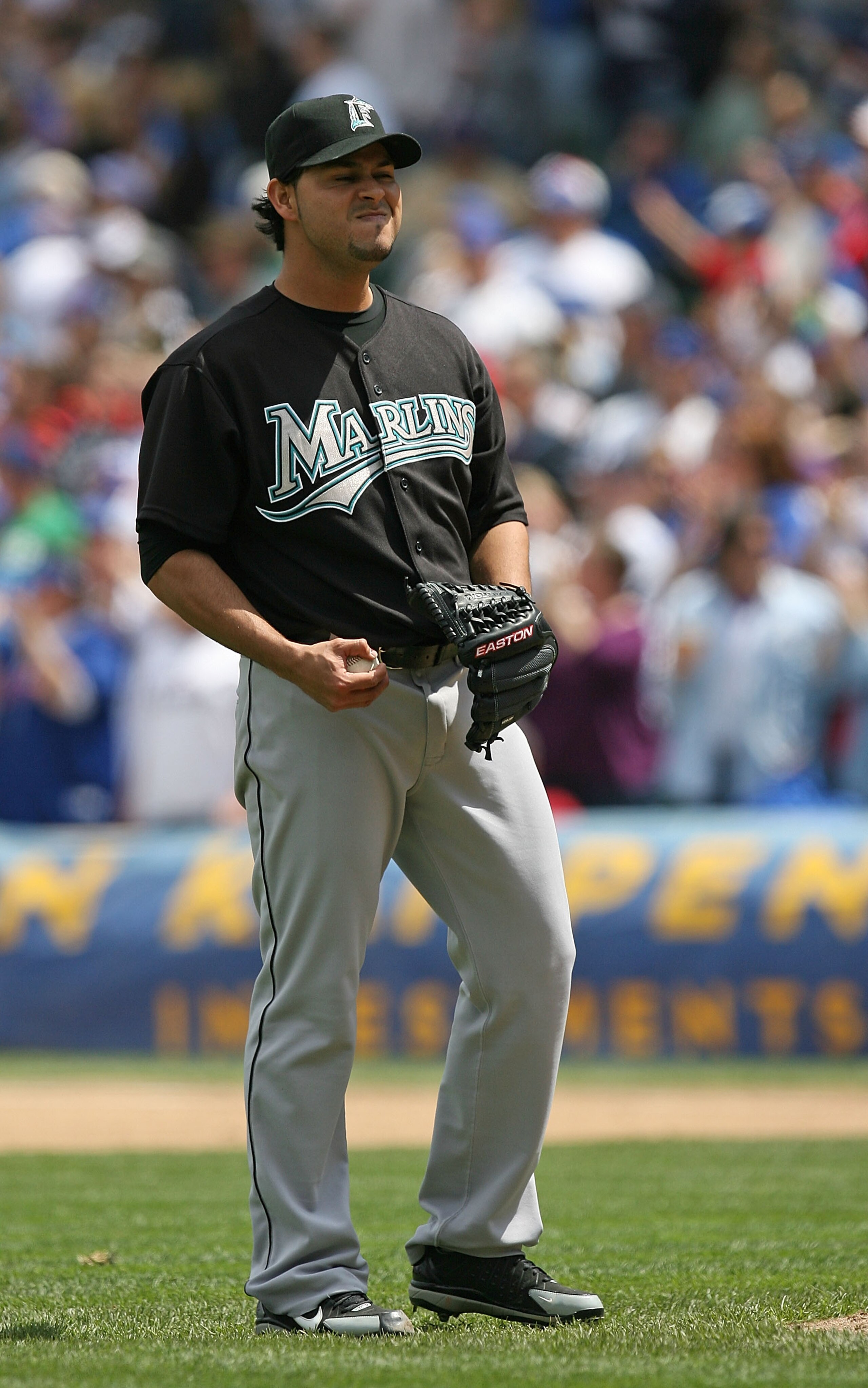 CHICAGO - MAY 02: Starting pitcher Anibal Sanchez #19 of the Florida Marlins reacts after giving up a home run ball to Derrek Lee of the Chicago Cubs on May 2, 2009 at Wrigley Field in Chicago, Illinois. The Cubs defeated the Marlins 6-1. (Photo by Jonath