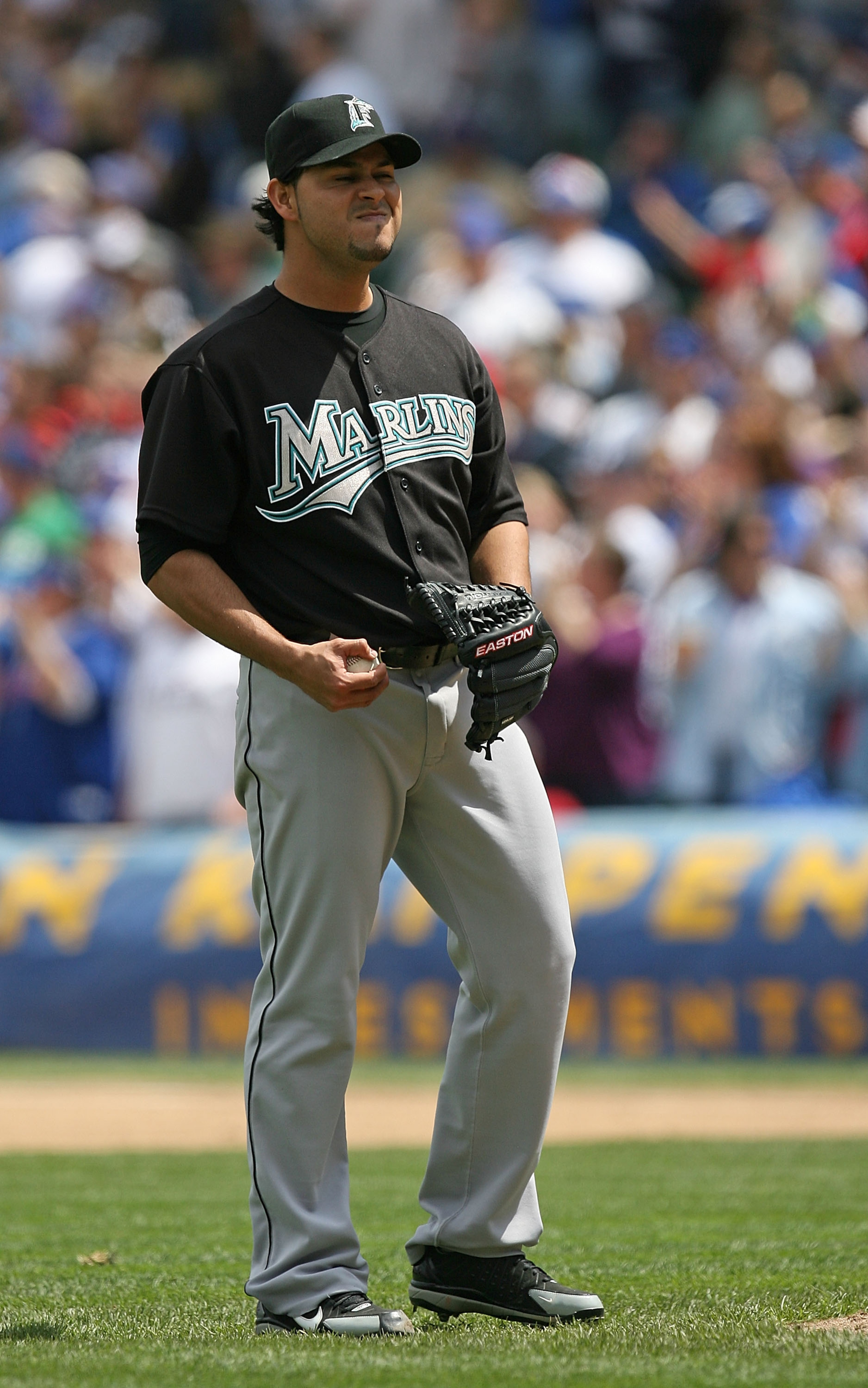 CHICAGO - MAY 02: Starting pitcher Anibal Sanchez #19 of the Florida Marlins reacts after giving up a home run ball to Derrek Lee of the Chicago Cubs on May 2, 2009 at Wrigley Field in Chicago, Illinois. The Cubs defeated the Marlins 6-1. (Photo by Jonath