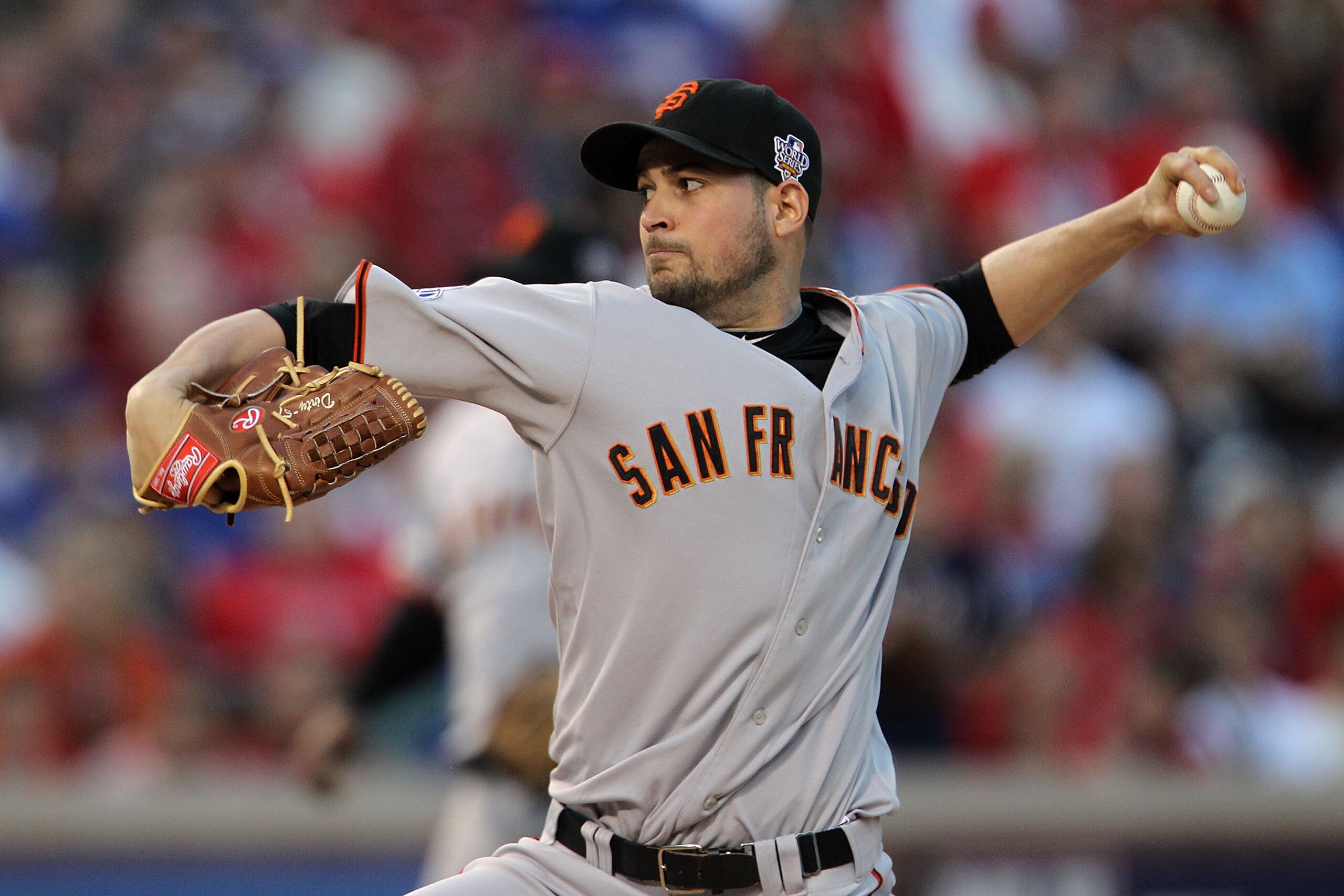 ARLINGTON, TX - OCTOBER 30:  Starting pitcher Jonathan Sanchez #57 of the San Francisco Giants pitches against the Texas Rangers in Game Three of the 2010 MLB World Series at Rangers Ballpark in Arlington on October 30, 2010 in Arlington, Texas.  (Photo b