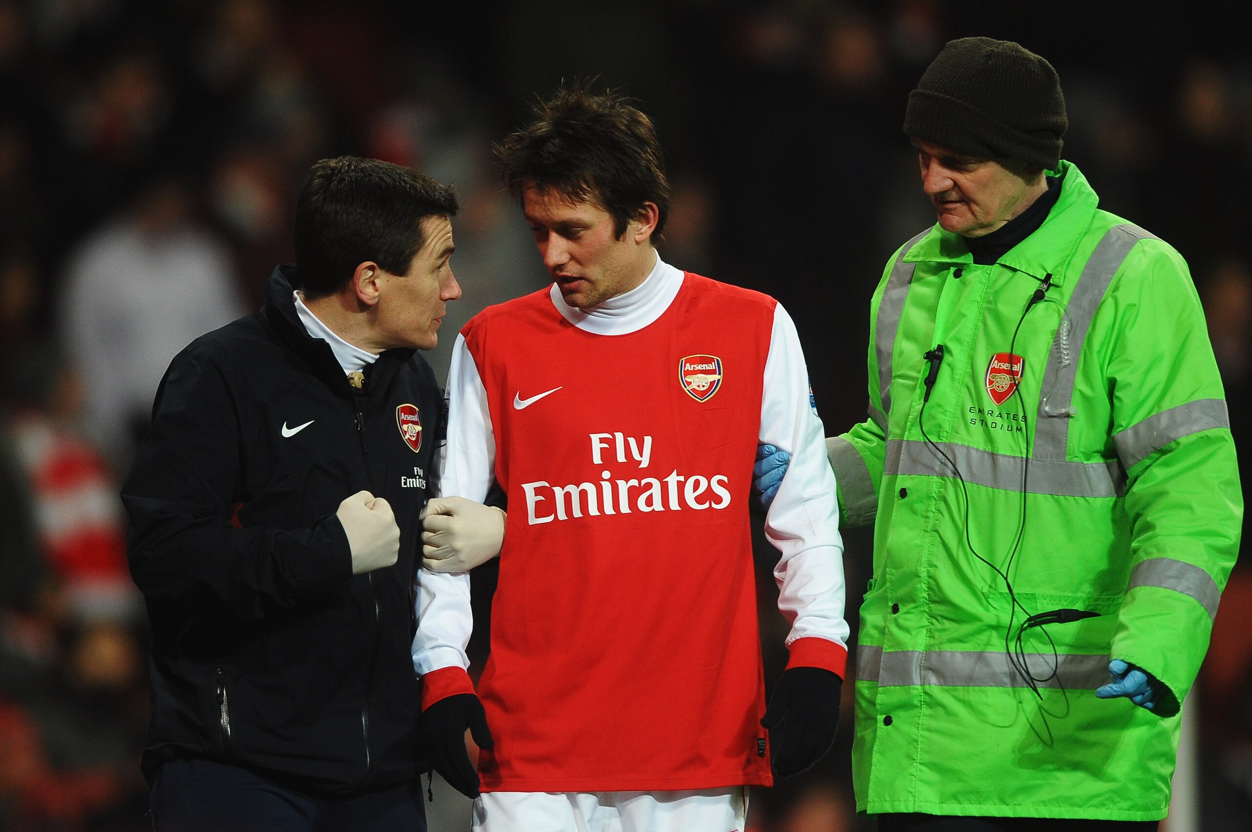 LONDON, UNITED KINGDOM - MARCH 02:  Tomas Rosicky of Arsenal goes off injured during the FA Cup sponsored by E.ON 5th Round Replay match between between Arsenal and Leyton Orient at the Emirates Stadium on March 2, 2011 in London, England.  (Photo by Laur