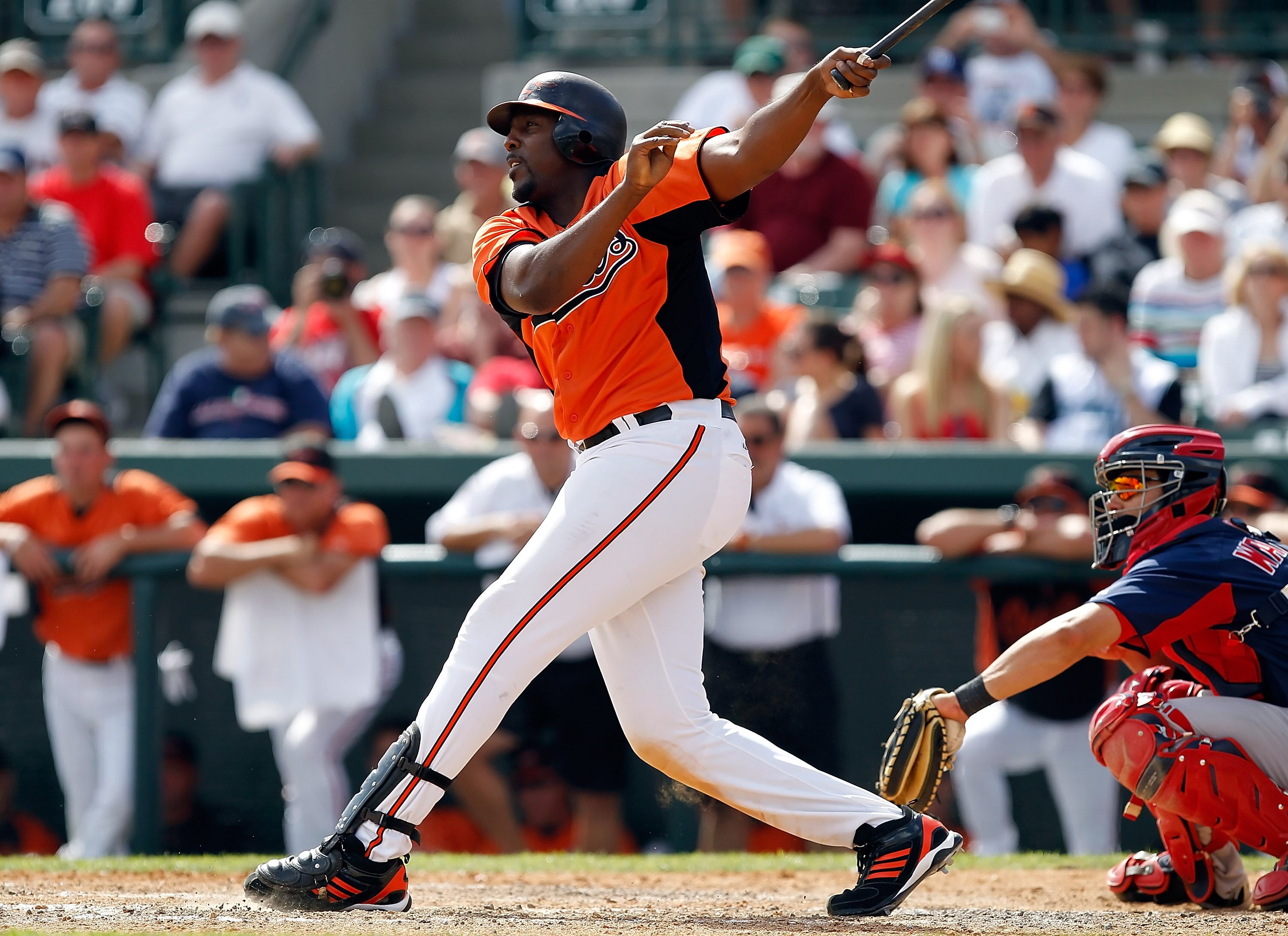 SARASOTA, FL - MARCH 05:  Designated hitter Vladimir Guerrero #27 of the Baltimore Orioles bats against the Boston Red Sox during a Grapefruit League Spring Training Game at Ed Smith Stadium on March 5, 2011 in Sarasota, Florida.  (Photo by J. Meric/Getty