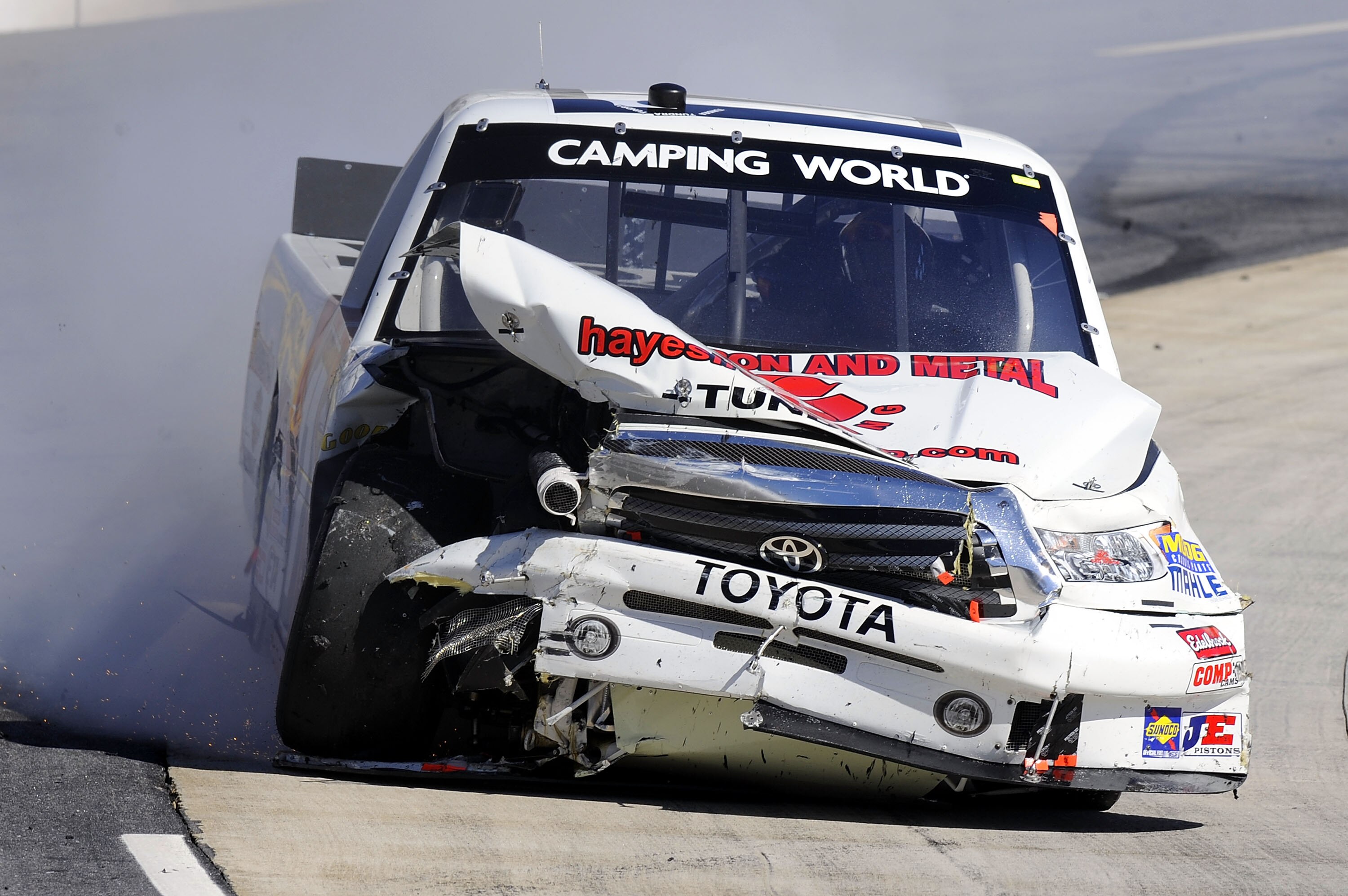 MARTINSVILLE, VA - OCTOBER 23:  Timothy Peters drives the wrecked #17 Nelson Toyota/Red Horse Racing Toyota after an incident in the NASCAR Camping World Truck Series Kroger 200 at Martinsville Speedway on October 23, 2010 in Martinsville, Virginia.  (Pho