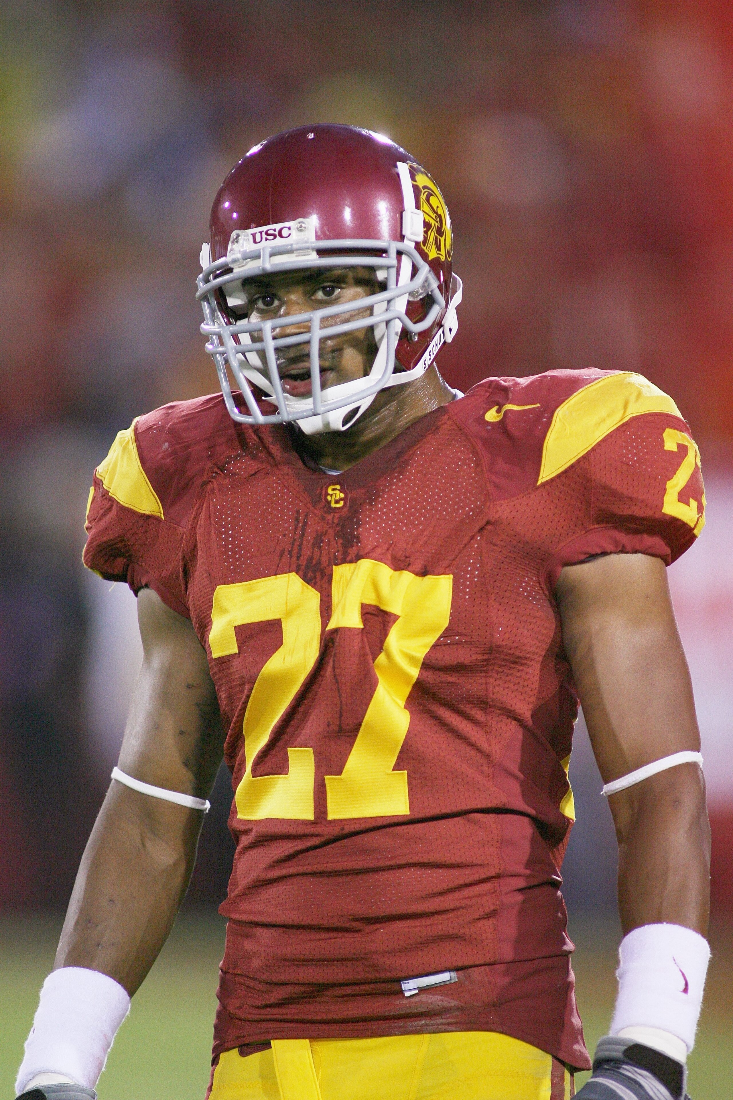 LOS ANGELES - NOVEMBER 1:  Marshall Jones #27 of the USC Trojans looks on against the Washington Huskies on November 1, 2008 at the Los Angeles Memorial Coliseum in Los Angeles, California.  USC won 56-0.  (Photo by Jeff Golden/Getty Images)