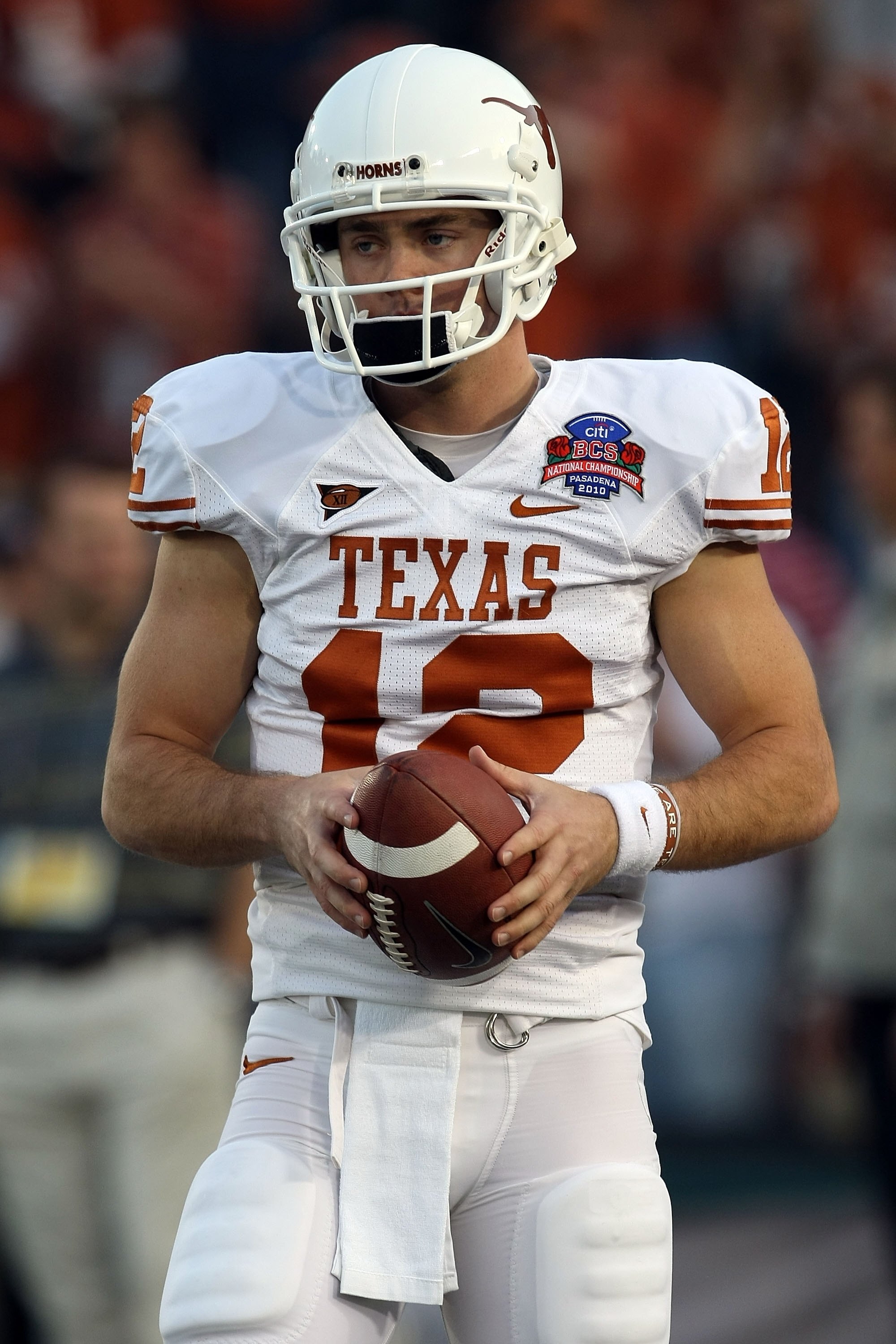 PASADENA, CA - JANUARY 07:  Quarterback Colt McCoy #12 of the Texas Longhorns looks on before taking on the Alabama Crimson Tide in the Citi BCS National Championship game at the Rose Bowl on January 7, 2010 in Pasadena, California.  (Photo by Stephen Dun
