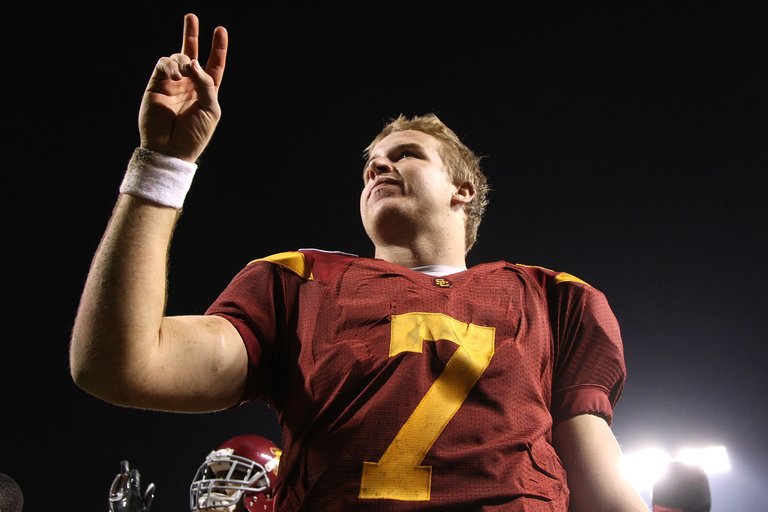 SAN FRANCISCO - DECEMBER 26: Matt Barkley #7 of the USC Trojans celebrates after defeating the Boston College Eagles during the 2009 Emerald Bowl at AT&T Park on December 26, 2009 in San Francisco, California. (Photo by Jed Jacobsohn/Getty Images)