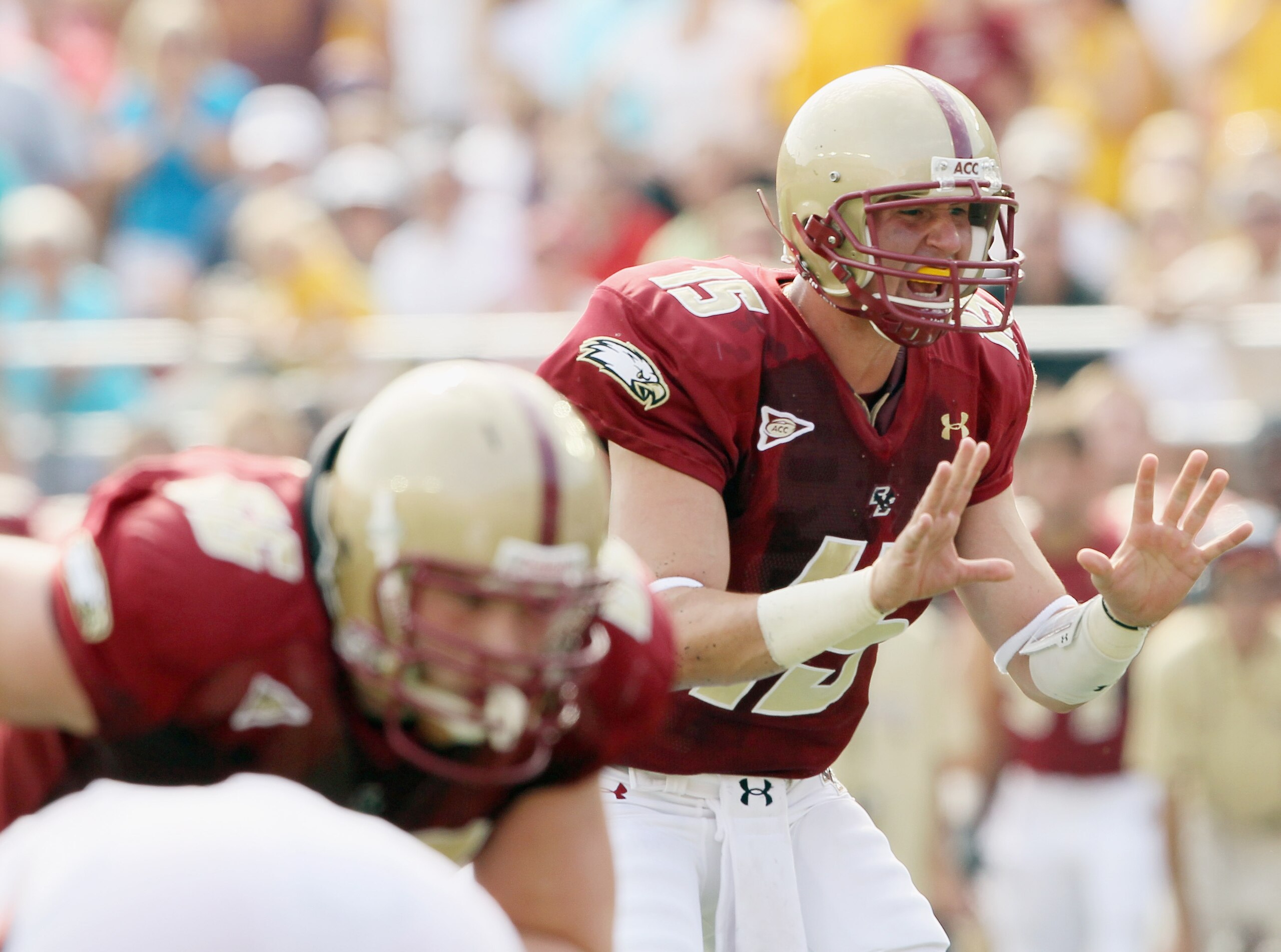 CHESTNUT HILL, MA - SEPTEMBER 25:  Dave Shinskie #15 of the Boston College Eagles calls out the play late in the second quarter against the Virginia Tech Hokies on September 25, 2010 at Alumni Stadium in Chestnut Hill, Massachusetts.  (Photo by Elsa/Getty