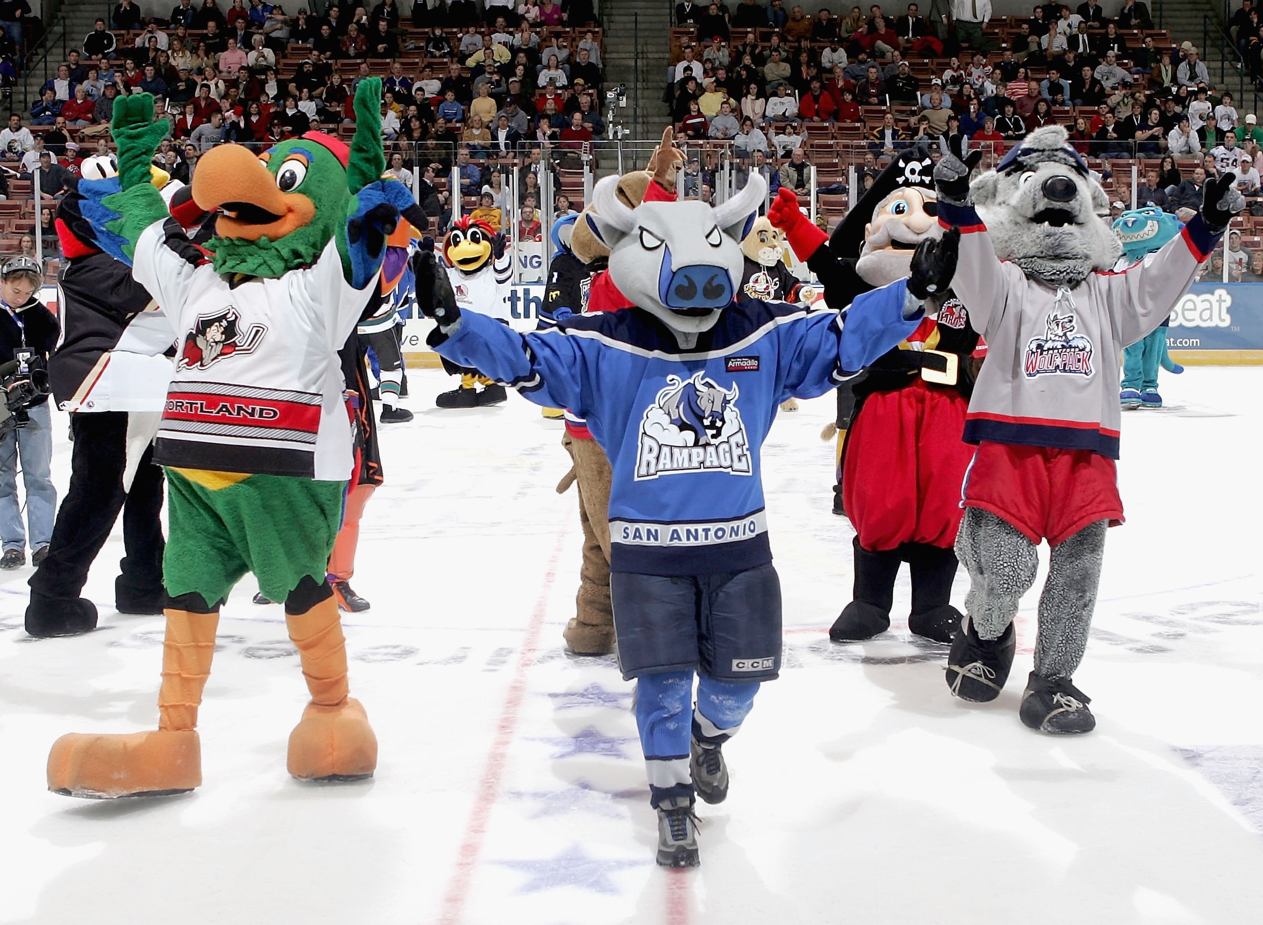 MANCHESTER - FEBRUARY 14: Mascots from around the AHL entertain the fans between periods at the Dodge AHL All Star Classic on February 14, 2005 at Verizon Wireless Arena in Manchester, New Hampshire.  (Photo by Jim McIsaac/Getty Images)