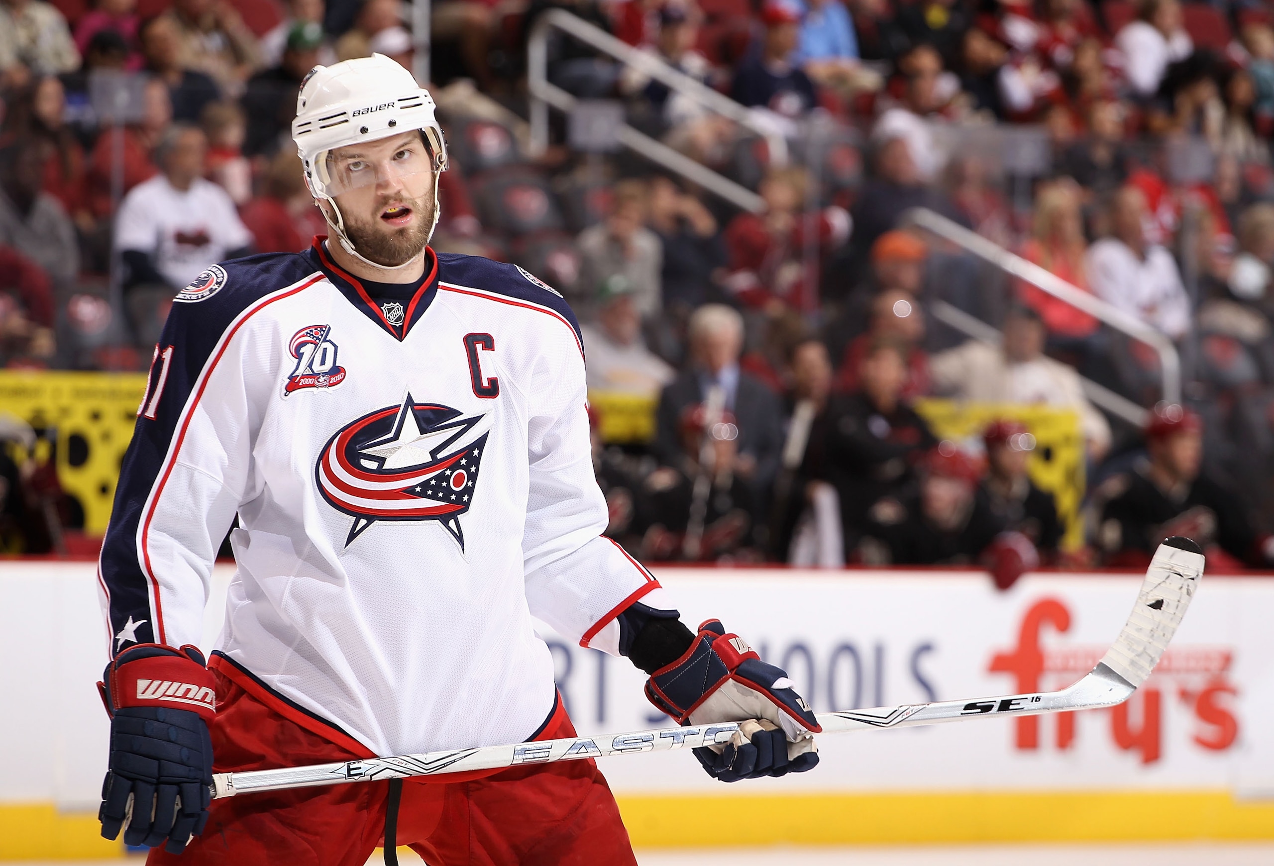 GLENDALE, AZ - MARCH 24:  Rick Nash #61 of the Columbus Blue Jackets during the NHL game against the Phoenix Coyotes at Jobing.com Arena on March 24, 2011 in Glendale, Arizona.  The Coyotes defeated the Blue Jackets 3-0.  (Photo by Christian Petersen/Gett