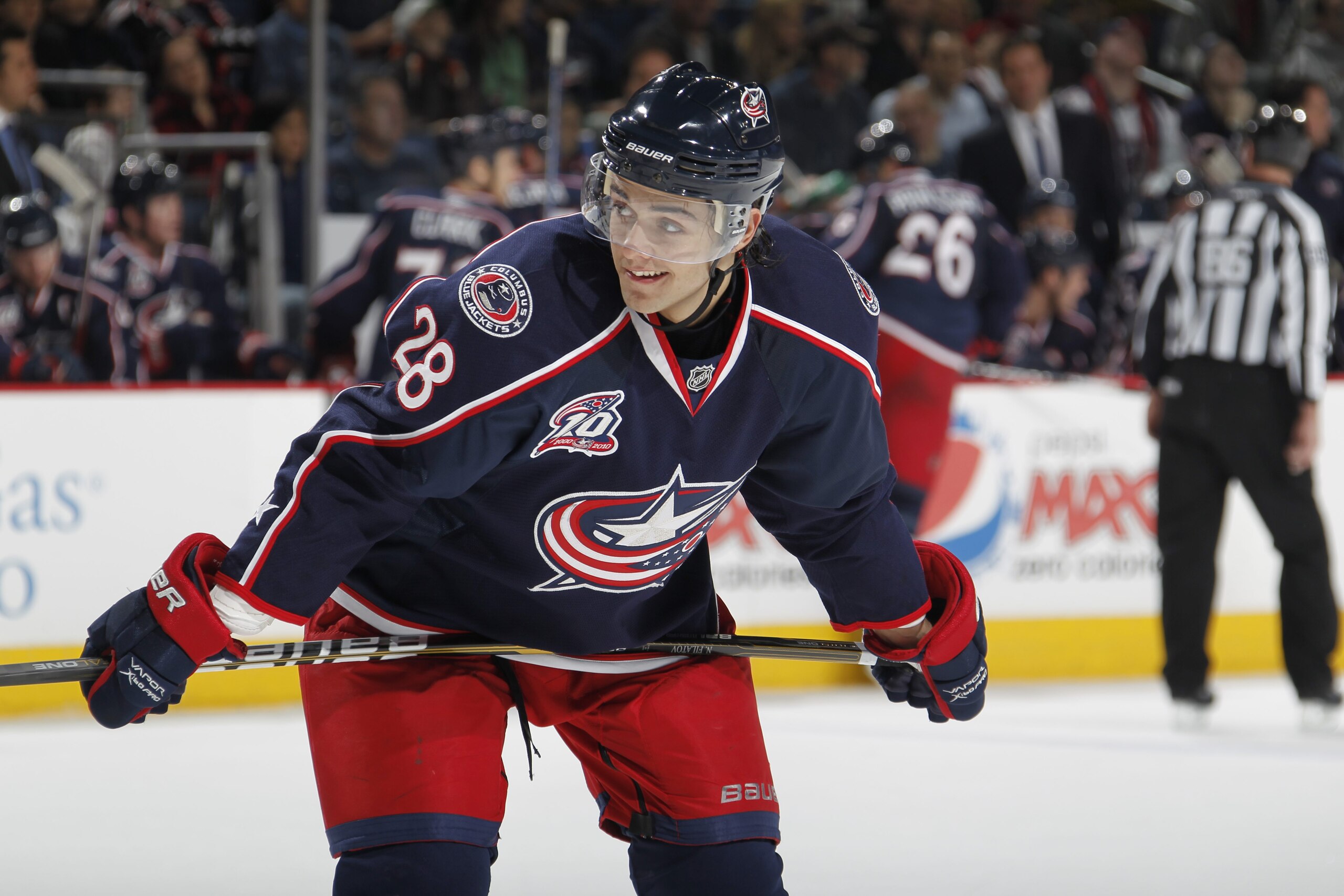 COLUMBUS, OHIO - NOVEMBER 22:  Nikita Filatov #28 of the Columbus Blue Jackets looks on smiling during the game against Nashville Predators at Nationwide Areana on November 22, 2010 in Columbus, Ohio. (Photo by Gregory Shamus/Getty Images)