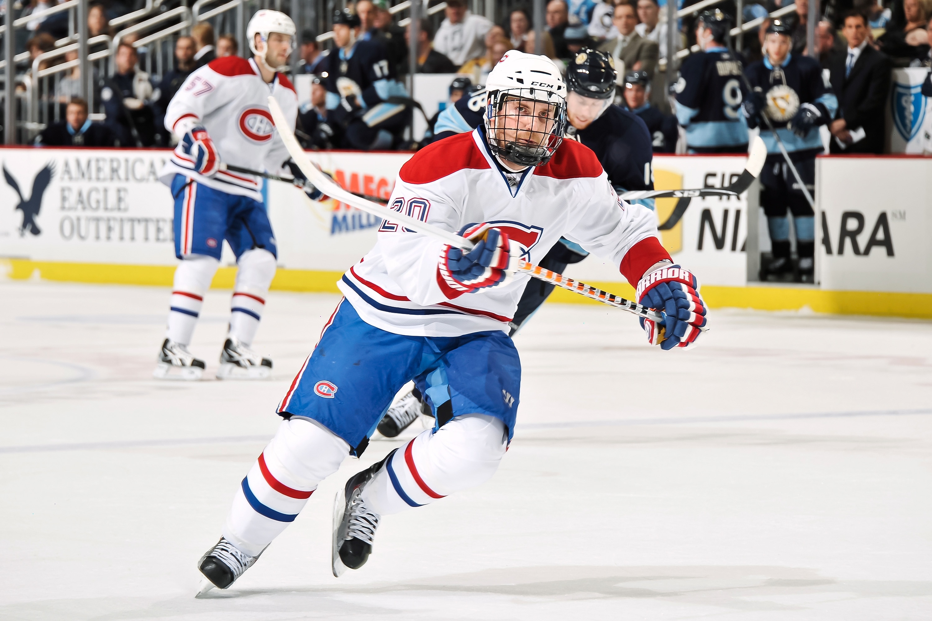PITTSBURGH, PA - MARCH 12:  James Wisniewski #20 of the Montreal Canadiens skates against the Pittsburgh Penguins on March 12, 2011 at CONSOL Energy Center in Pittsburgh, Pennsylvania.  (Photo by Jamie Sabau/Getty Images)
