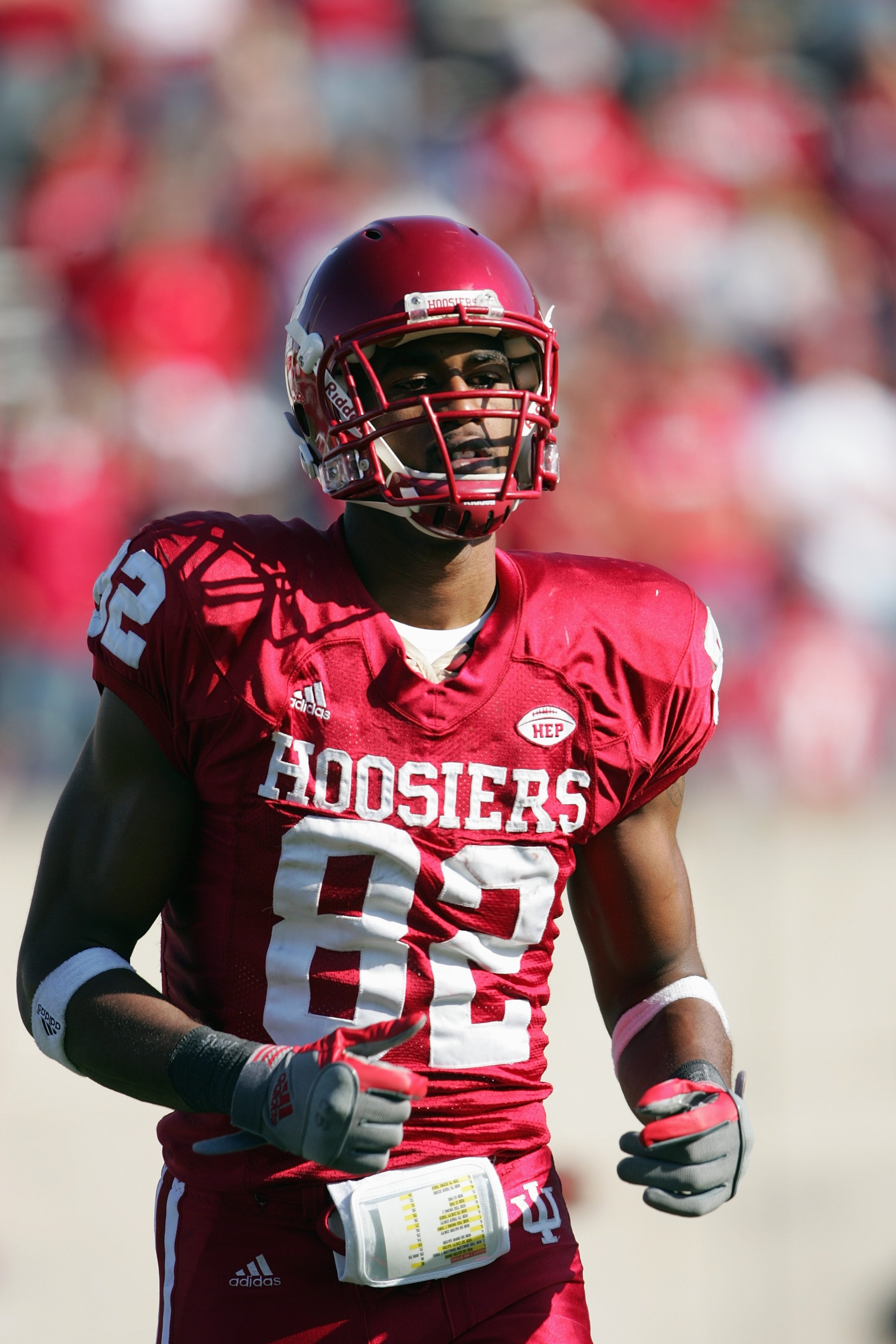 BLOOMINGTON, IN - NOVEMBER 3: James Hardy #82 of the Indiana Hoosiers jogs on the field during the game against the Ball State Cardinals at Memorial Stadium November 3, 2007 in Bloomington, Indiana. (Photo by Andy Lyons/Getty Images)