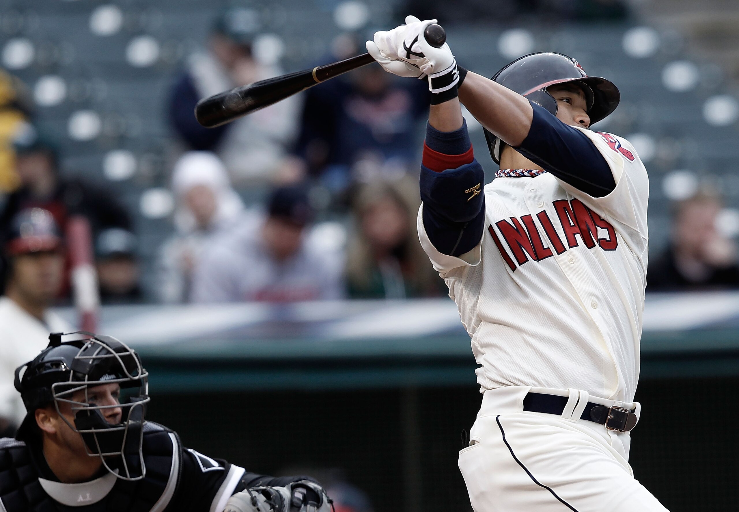 CLEVELAND, OH- APRIL 17: Shin-Soo Choo #17 of the Cleveland Indians hits an RBI double against the Chicago White Sox during the game on April 17, 2010 at Progressive Field in Cleveland, Ohio.  (Photo by Jared Wickerham/Getty Images)