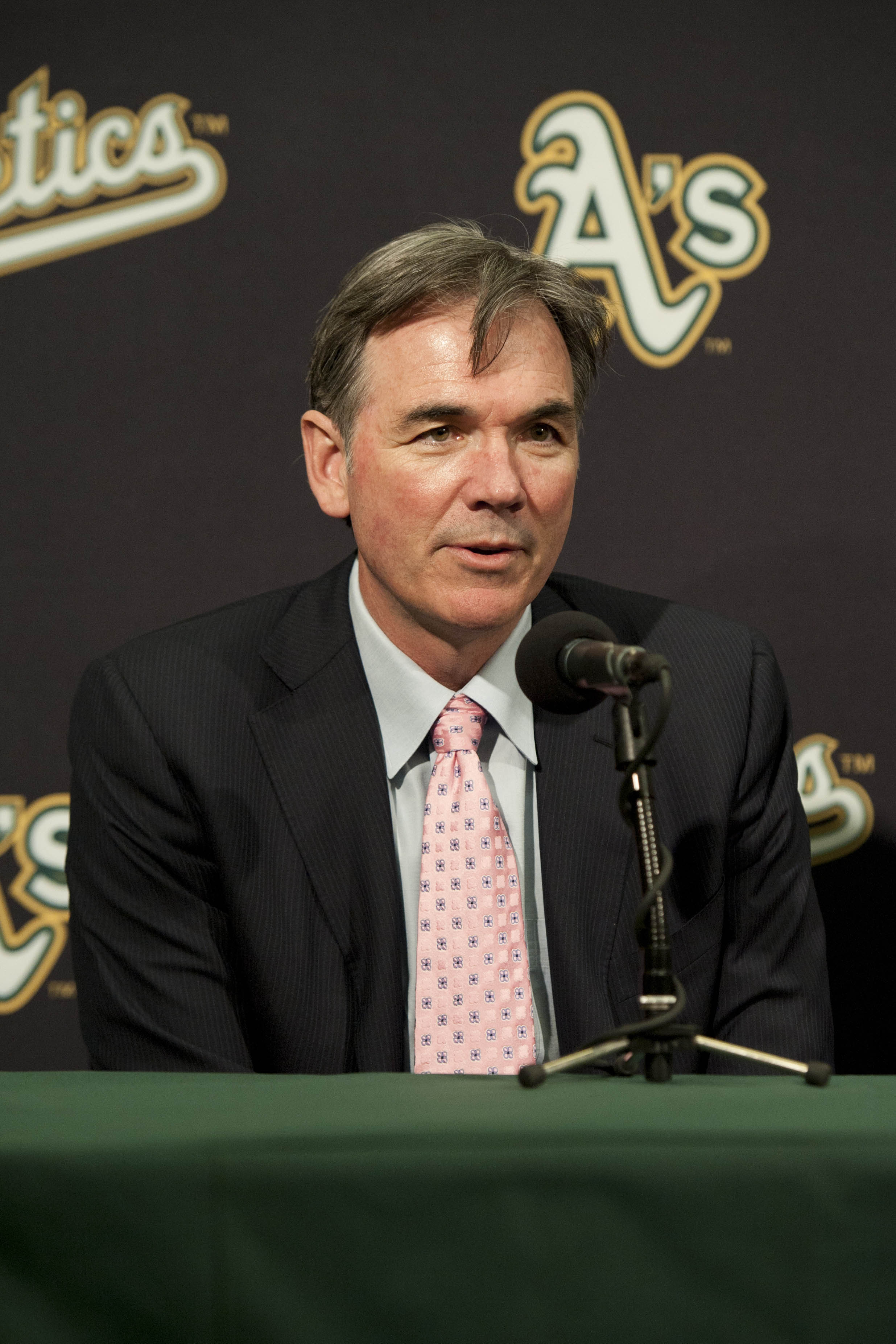 Dec 18, 2012; Oakland, CA, USA; Oakland Athletics general manager Billy Beane addresses the media in a press conference announcing the signing of shortstop Hiroyuki Nakajima (not pictured) at O.co Coliseum. Mandatory Credit: Kyle Terada-USA TODAY Sports