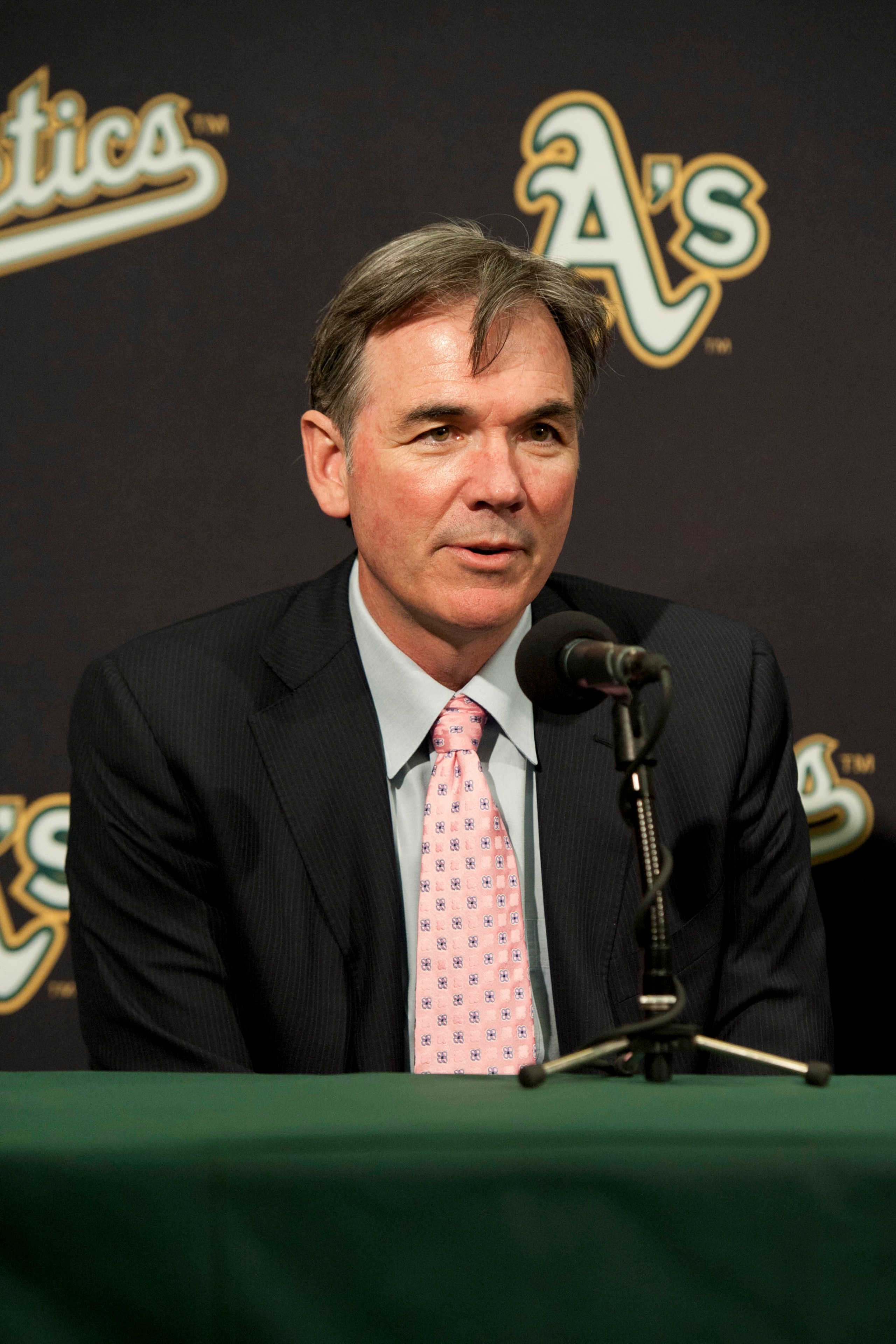 Dec 18, 2012; Oakland, CA, USA; Oakland Athletics general manager Billy Beane addresses the media in a press conference announcing the signing of shortstop Hiroyuki Nakajima (not pictured) at O.co Coliseum. Mandatory Credit: Kyle Terada-USA TODAY Sports