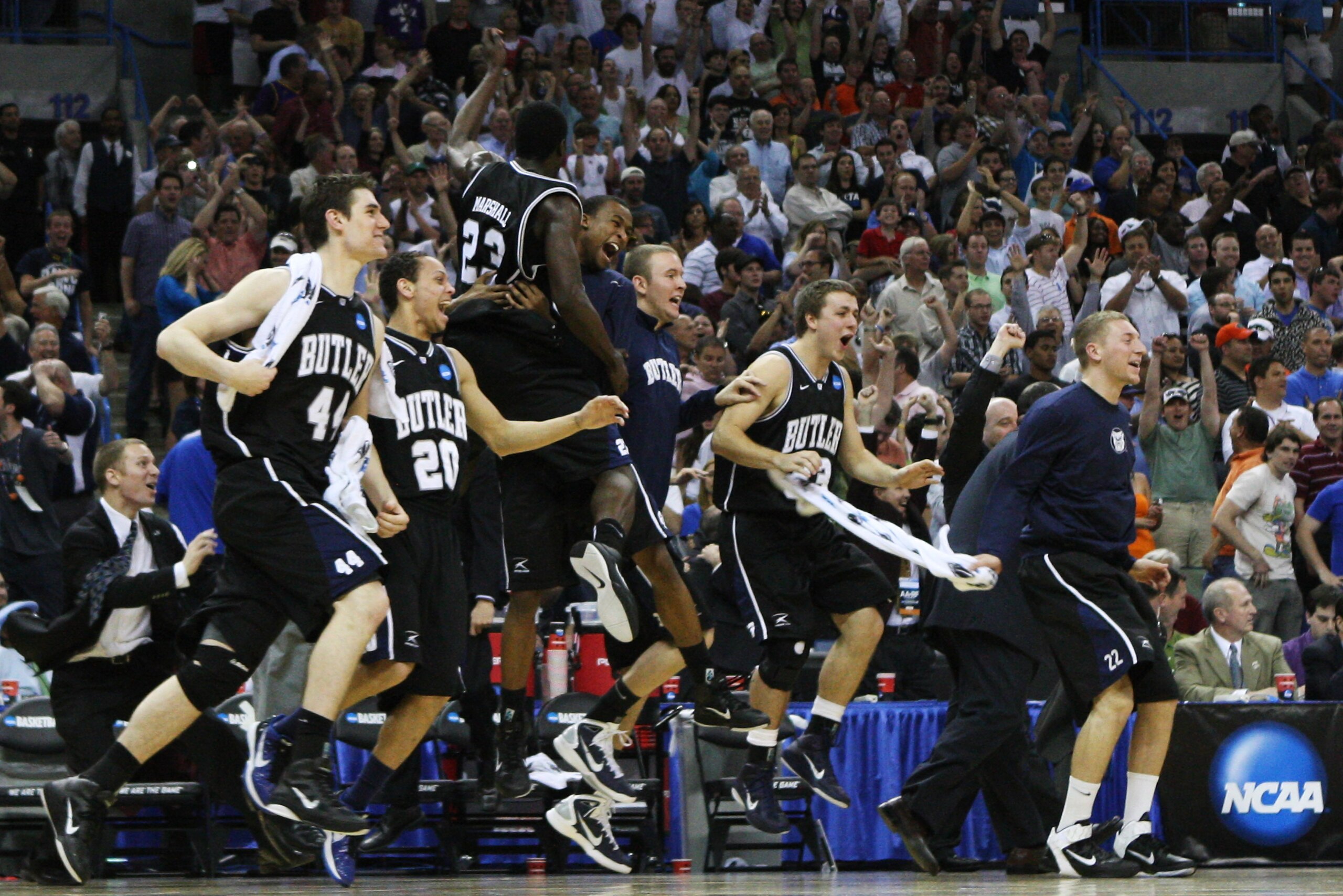 NEW ORLEANS, LA - MARCH 26:  The Butler Bulldogs celebrate after defeating the Florida Gators 74 to 71 in overtime during the Southeast regional final of the 2011 NCAA men's basketball tournament at New Orleans Arena on March 26, 2011 in New Orleans, Loui