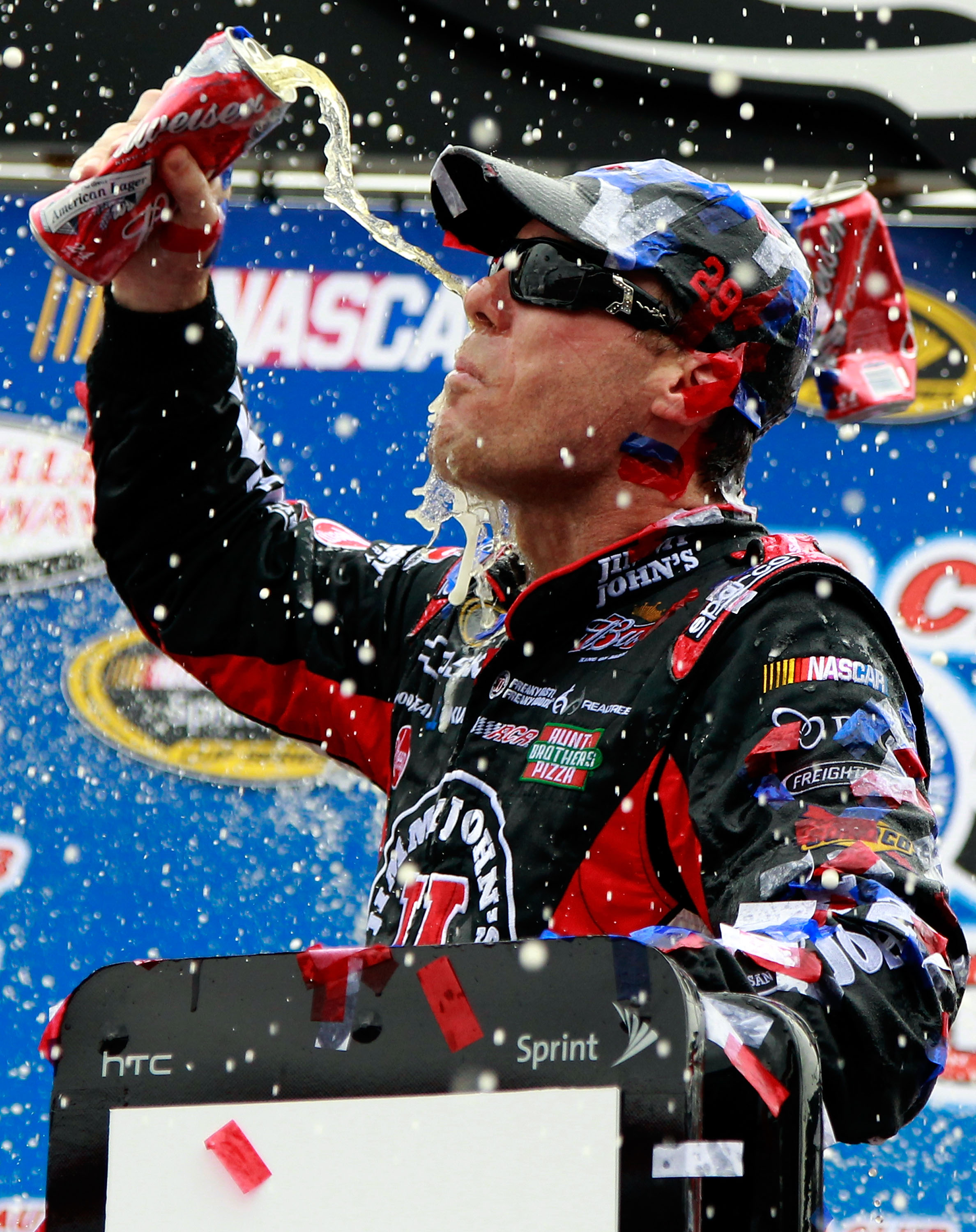 FONTANA, CA - MARCH 27:  Kevin Harvick, driver of the #29 Jimmy John's Chevrolet, celebrates in victory lane after winning the NASCAR Sprint Cup Series Auto Club 400 at Auto Club Speedway on March 27, 2011 in Fontana, California.  (Photo by Tom Pennington