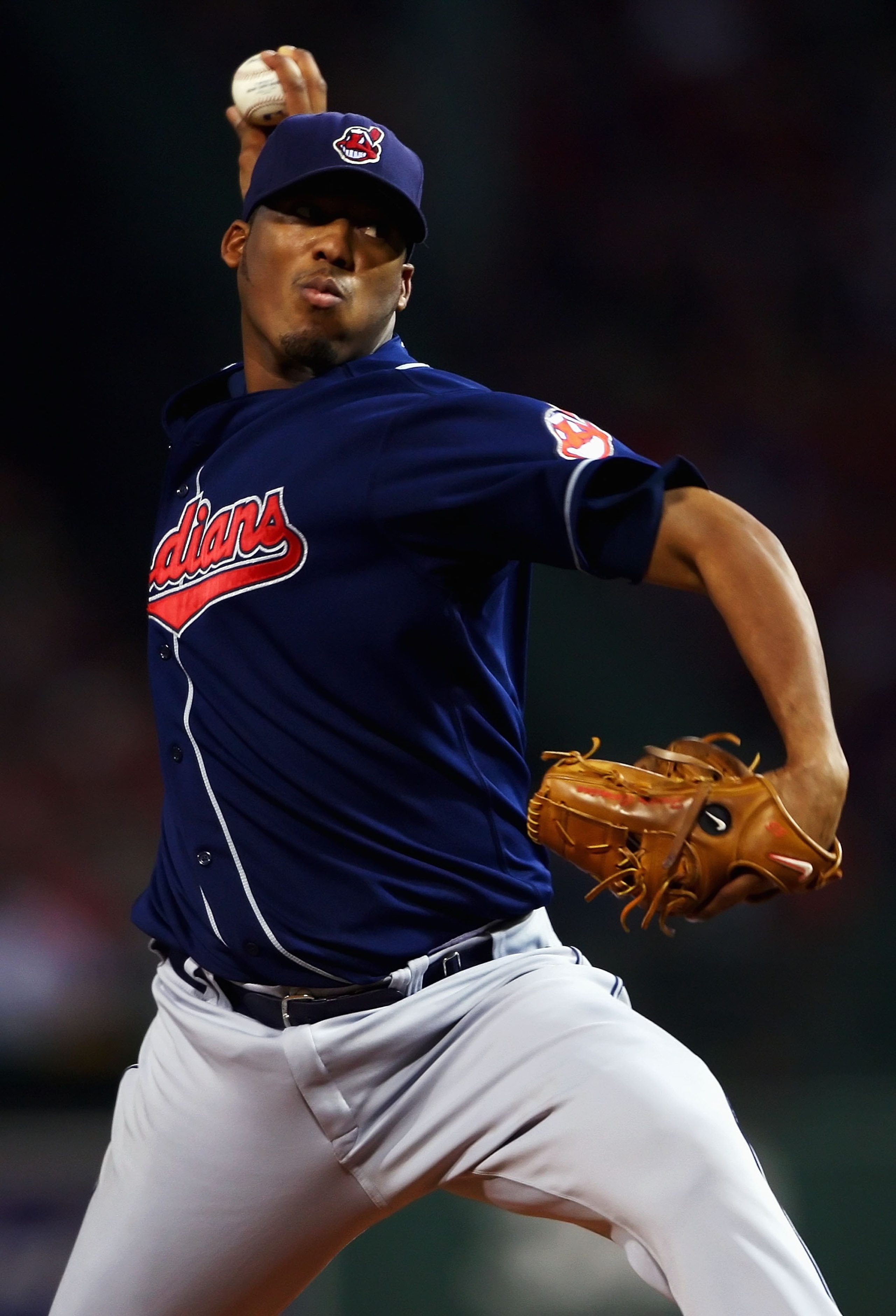 BOSTON - OCTOBER 20:  Starting pitcher Fausto Carmona #55 of the Cleveland Indians delivers against the Boston Red Sox during Game Six of the American League Championship Series at Fenway Park on October 20, 2007 in Boston, Massachusetts.  (Photo by Elsa/