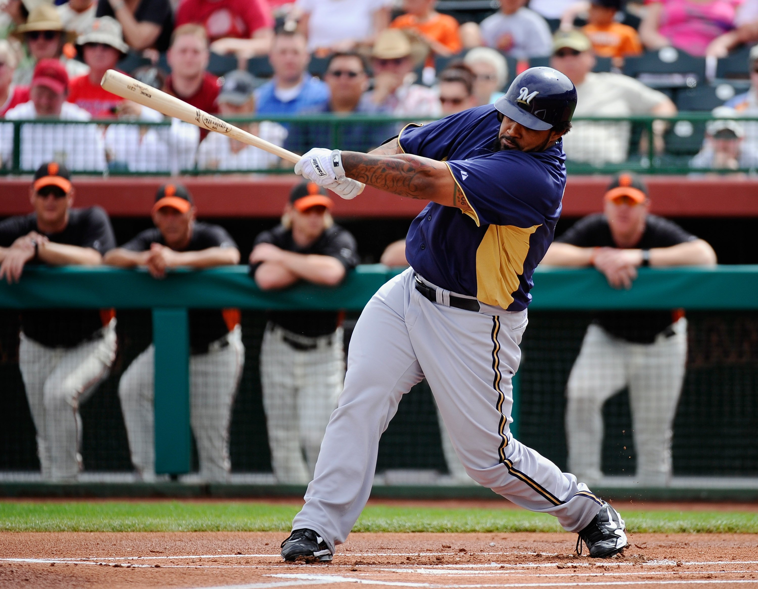 SCOTTSDALE, AZ - MARCH 14:  Prince Fielder#28 of the Milwaukee Brewers swings the bat against the San Francisco Giants during the spring training baseball game at Scottsdale Stadium on March 14, 2011 in Scottsdale, Arizona.  (Photo by Kevork Djansezian/Ge