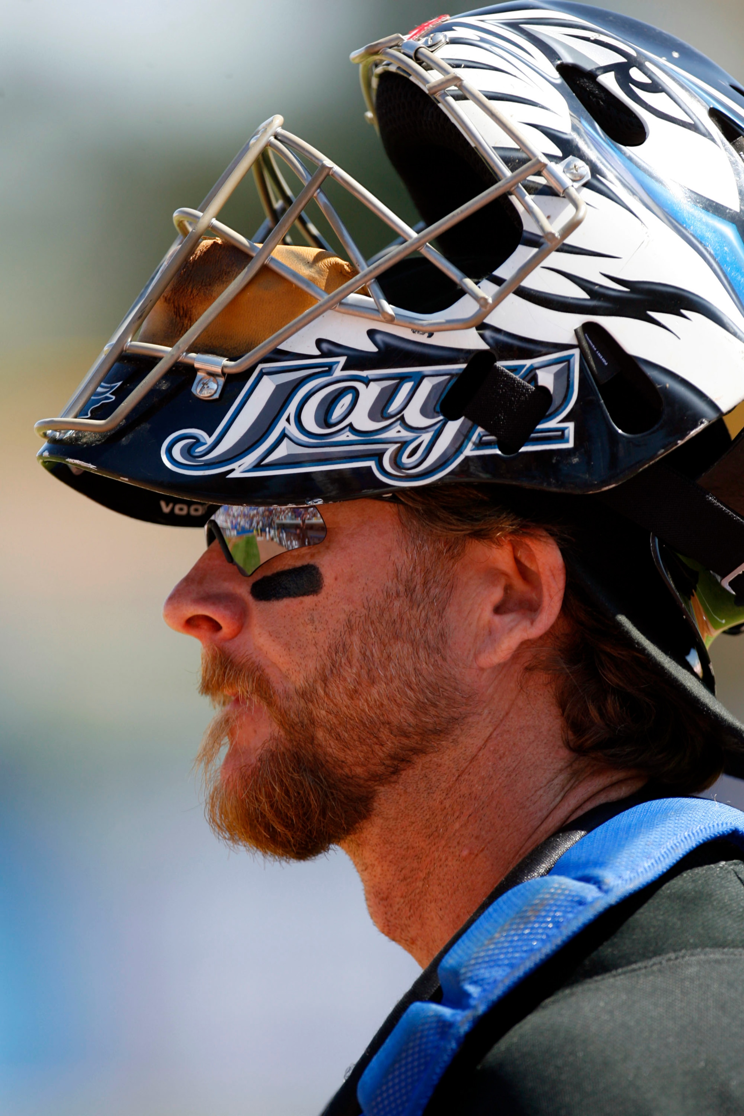 DUNEDIN, FL - MARCH 2: Catcher Gregg Zaun #9 of the Toronto Blue Jays walks on the field prior to playing the Cincinnati Reds during a Spring Training game at Knology Park on March 2, 2008 in Dunedin, Florida. (Photo by Eliot J. Schechter/Getty Images)