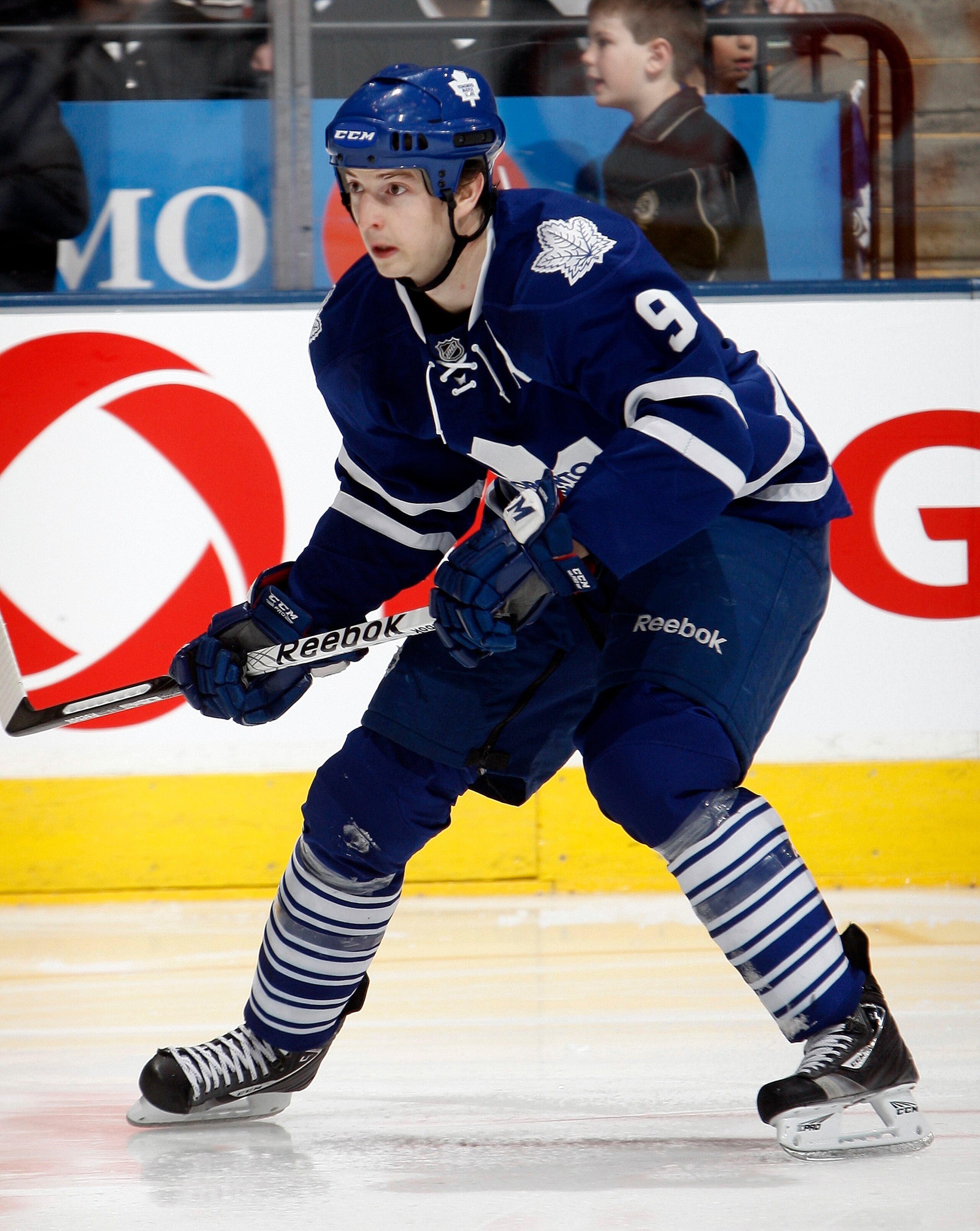 TORONTO, CANADA - FEBRUARY 26: Colby Armstrong #9 of the Toronto Maple Leafs skates up the ice during the game against the Pittsburgh Penguins at the Air Canada Centre February 26, 2011 in Toronto, Ontario, Canada. (Photo by Abelimages/Getty Images)