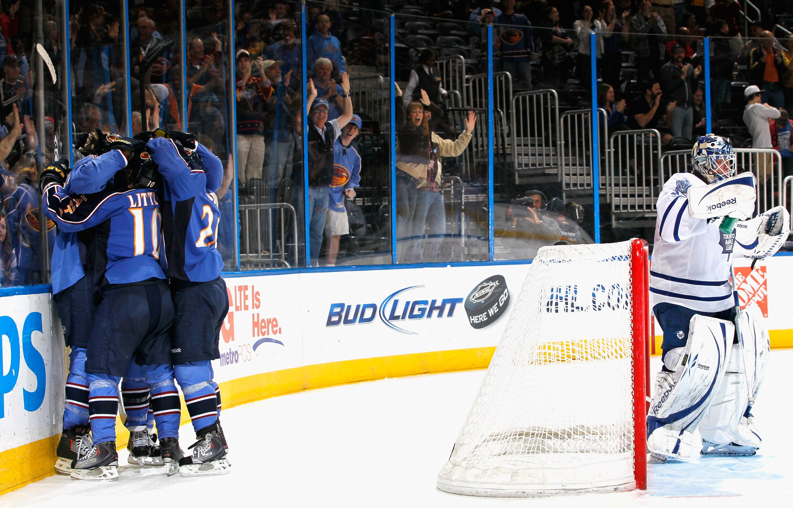 ATLANTA, GA - FEBRUARY 27:  Ron Hainsey #6 and the Atlanta Thrashers reacts after scoring the game-winning goal in overtime against goaltender Jean-Sebastien Giguere #35 of the Toronto Maple Leafs at Philips Arena on February 27, 2011 in Atlanta, Georgia.