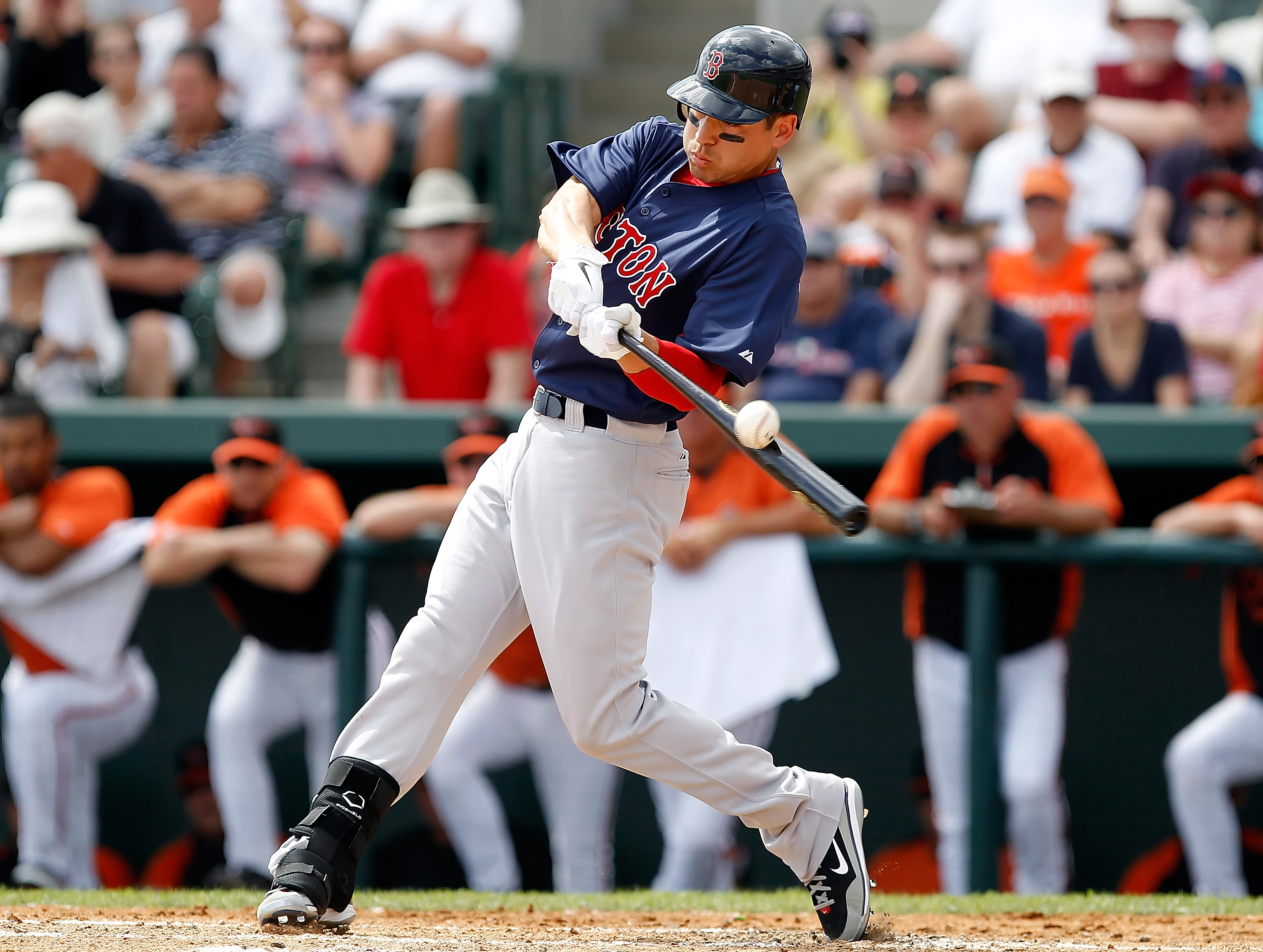 SARASOTA, FL - MARCH 05:  Outfielder Jacoby Ellsbury #2 of the Boston Red Sox fouls off a pitch against the Baltimore Orioles during a Grapefruit League Spring Training Game at Ed Smith Stadium on March 5, 2011 in Sarasota, Florida.  (Photo by J. Meric/Ge