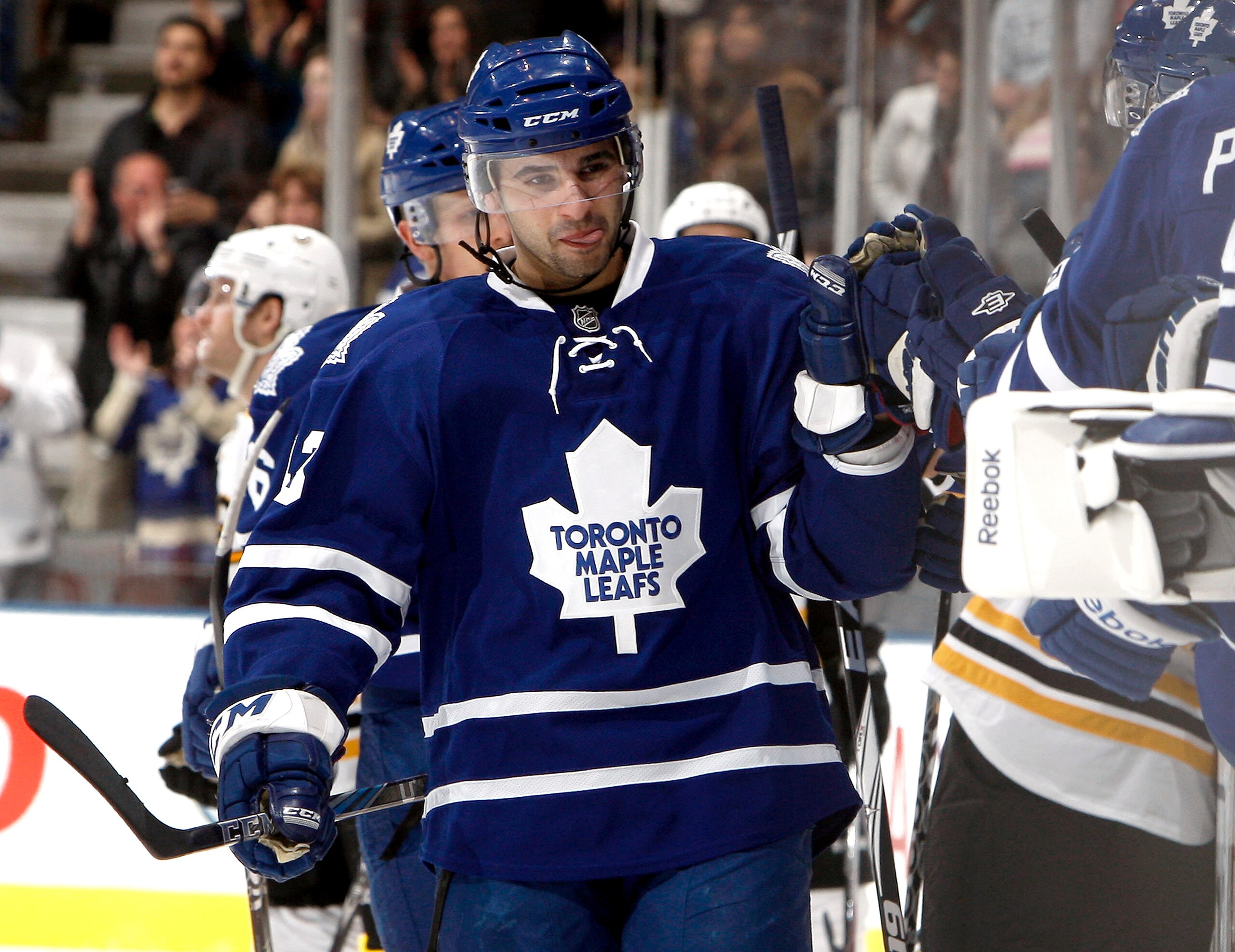 TORONTO, CANADA - MARCH 19 Nazem Kadri #43 of the Toronto Maple Leafs celebrates his first NHL goal during game action against the Boston Bruins at the Air Canada Centre March 19, 2011 in Toronto, Ontario, Canada. (Photo by Abelimages/Getty Images)