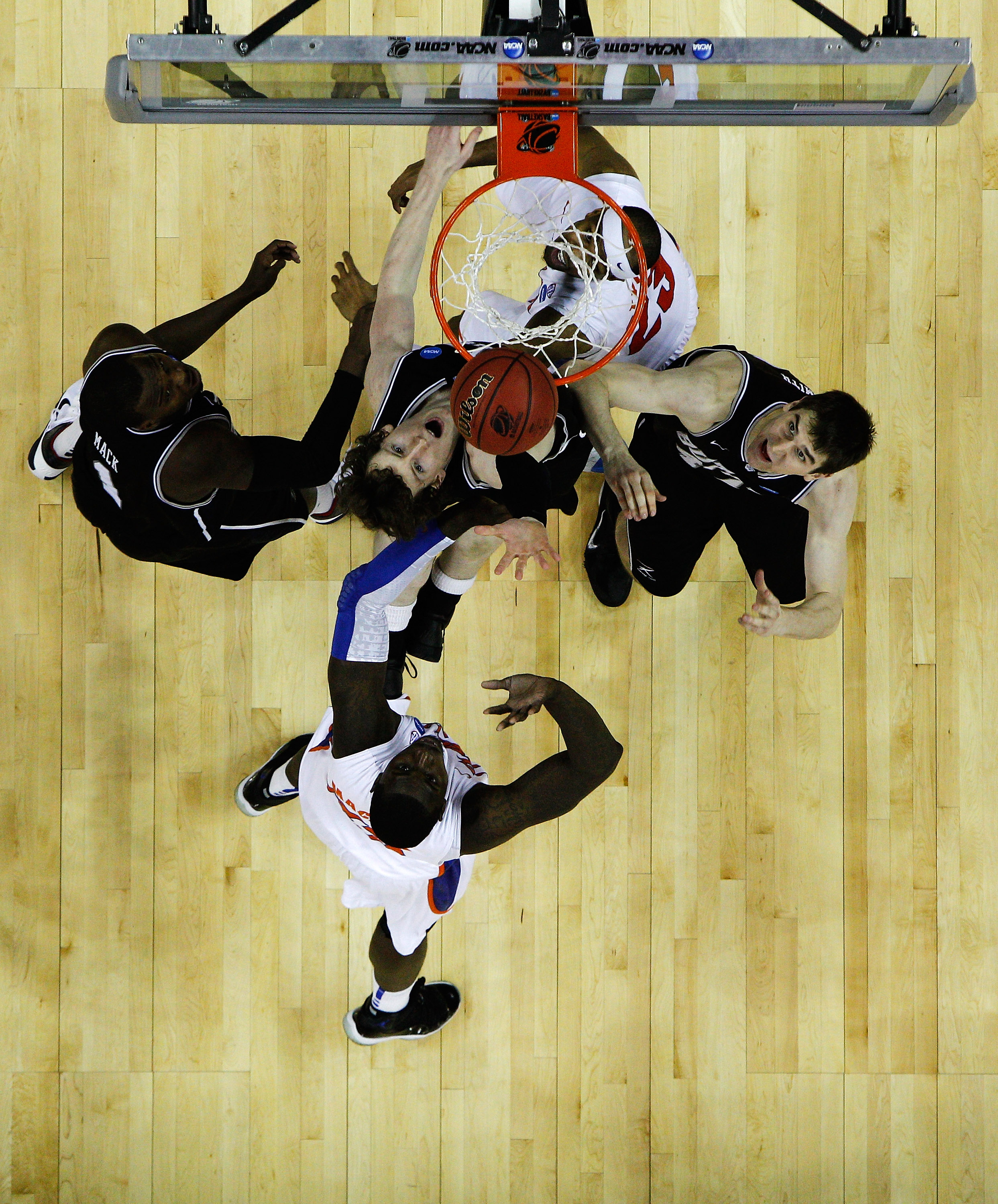 NEW ORLEANS, LA - MARCH 26: Matt Howard #54 of the Butler Bulldogs shoots against the Florida Gators during the Southeast regional final of the 2011 NCAA men's basketball tournament at New Orleans Arena on March 26, 2011 in New Orleans, Louisiana. The Bu