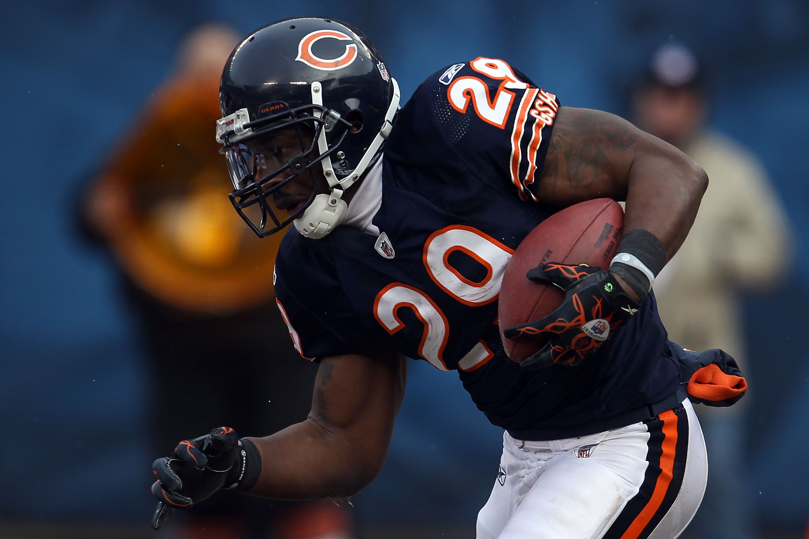 Chicago Bears running backs Chester Taylor (29) and Matt Forte (22)  celebrate Taylor's touchdown against the Green Bay Packers during the  fourth quarter of their NFC Championship playoff game at Soldier Field