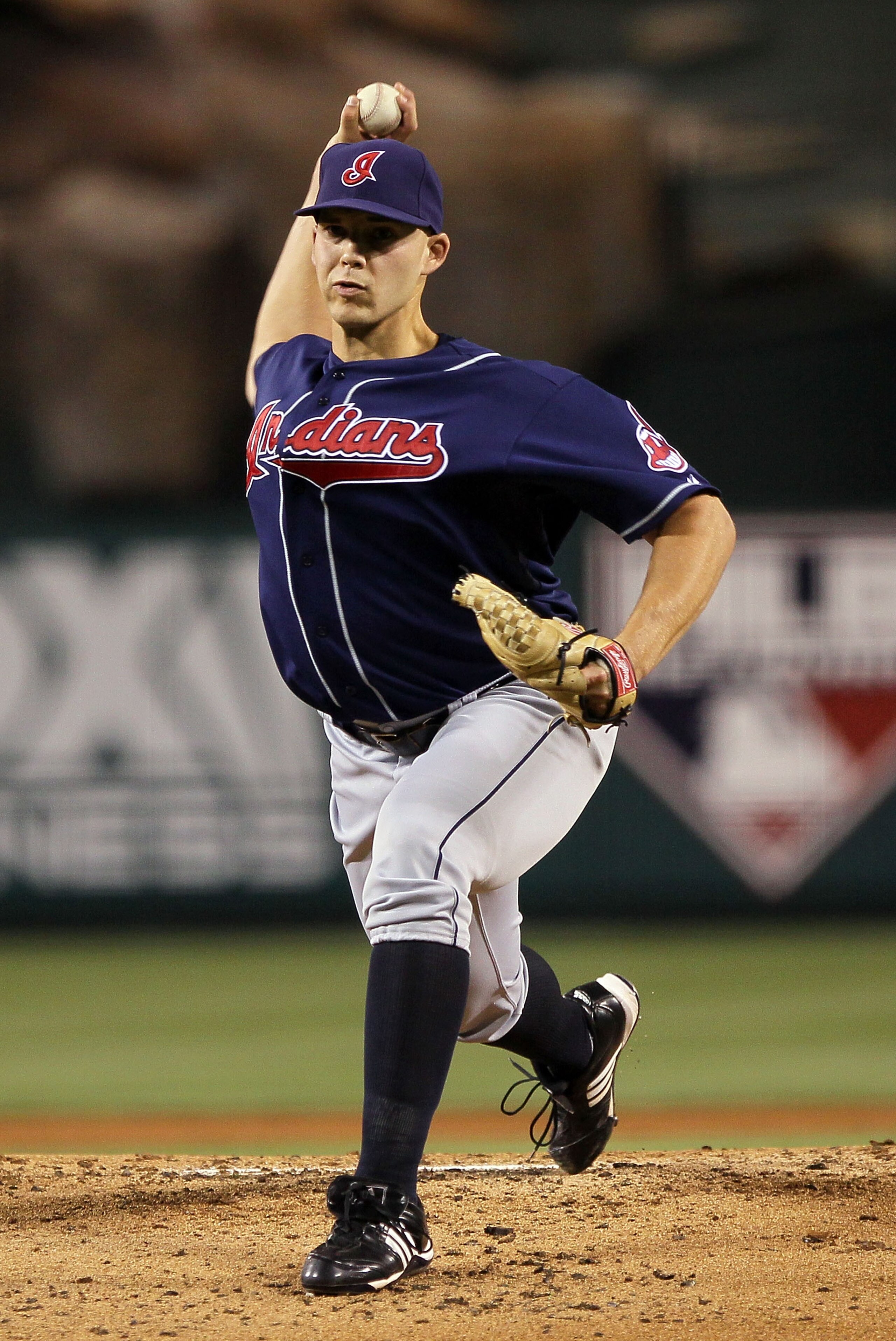 ANAHEIM, CA - SEPTEMBER 07:  Justin Masterson #63 of the Cleveland Indians pitches against the Los Angeles Angels of Anaheim in the game at Angel Stadium on September 7, 2010 in Anaheim, California.  (Photo by Jeff Gross/Getty Images)