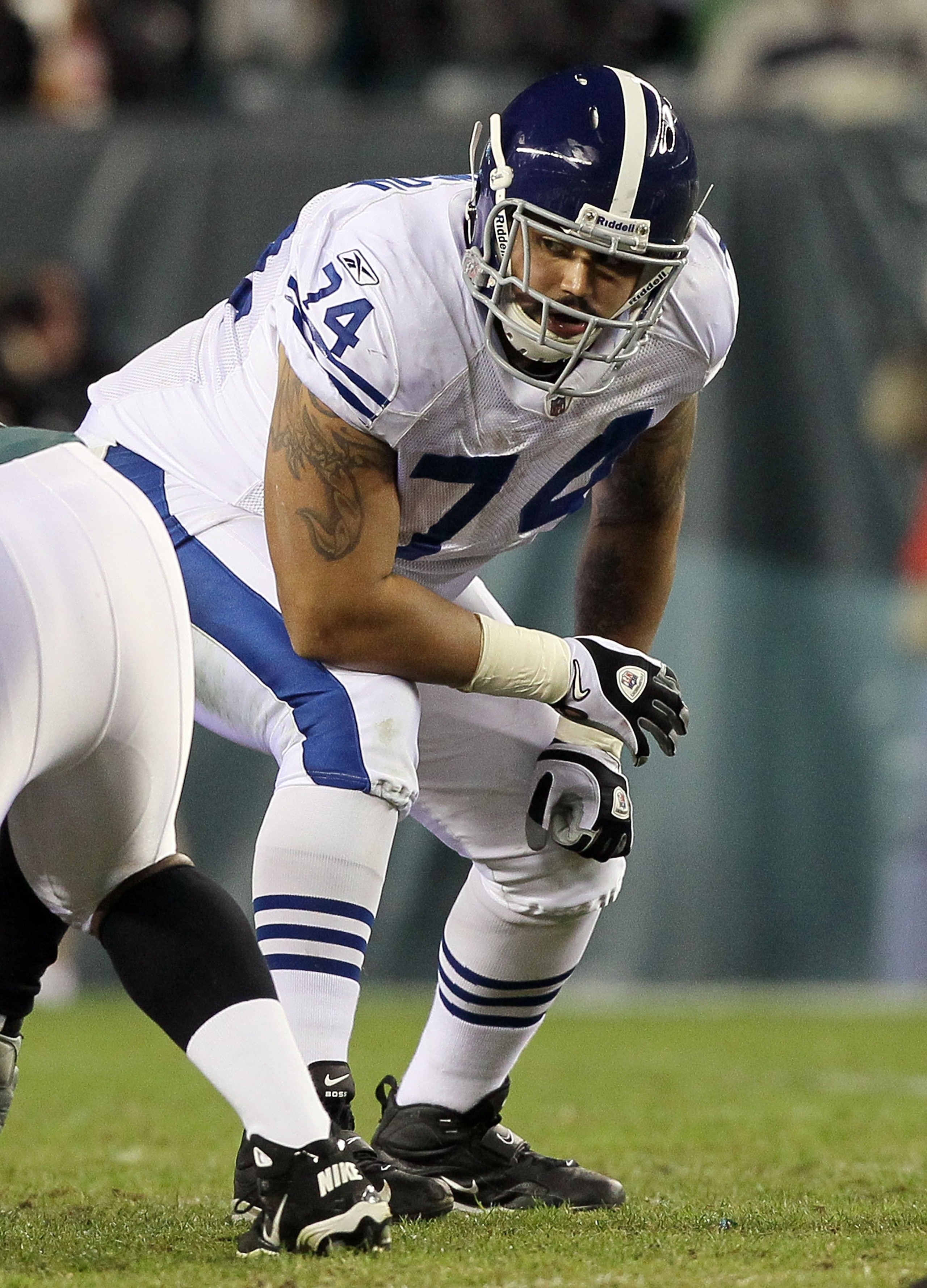 PHILADELPHIA - NOVEMBER 07:  Charlie Johnson #74 of the Indianapolis Colts against the Philadelphia Eagles on November 7, 2010 at Lincoln Financial Field in Philadelphia, Pennsylvania.  (Photo by Jim McIsaac/Getty Images)