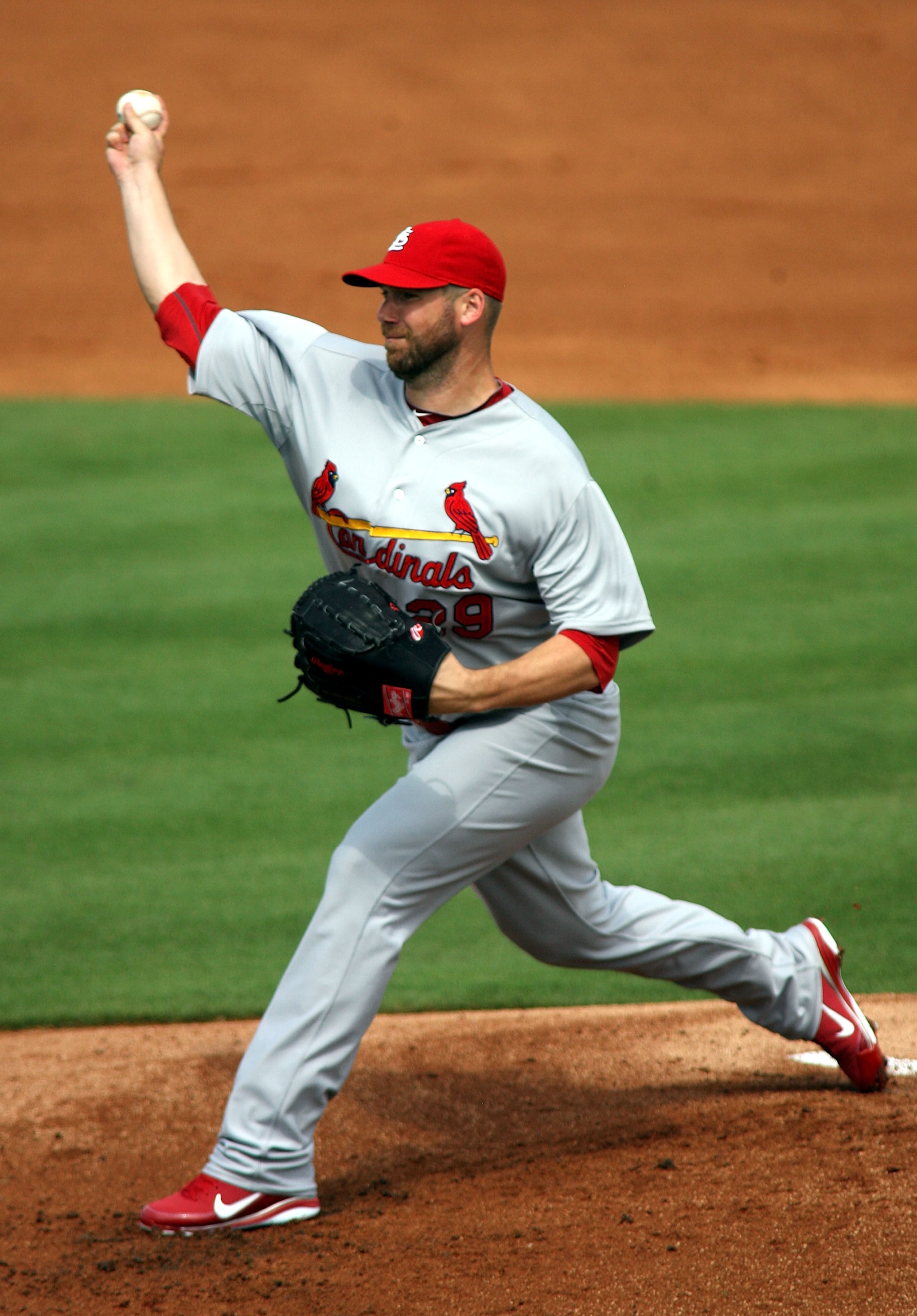 JUPITER, FL - MARCH 01:  Pitcher Chris Carpenter #29 of the St. Louis Cardinals throws against the Florida Marlins at Roger Dean Stadium on March 1, 2011 in Jupiter, Florida.  (Photo by Marc Serota/Getty Images)