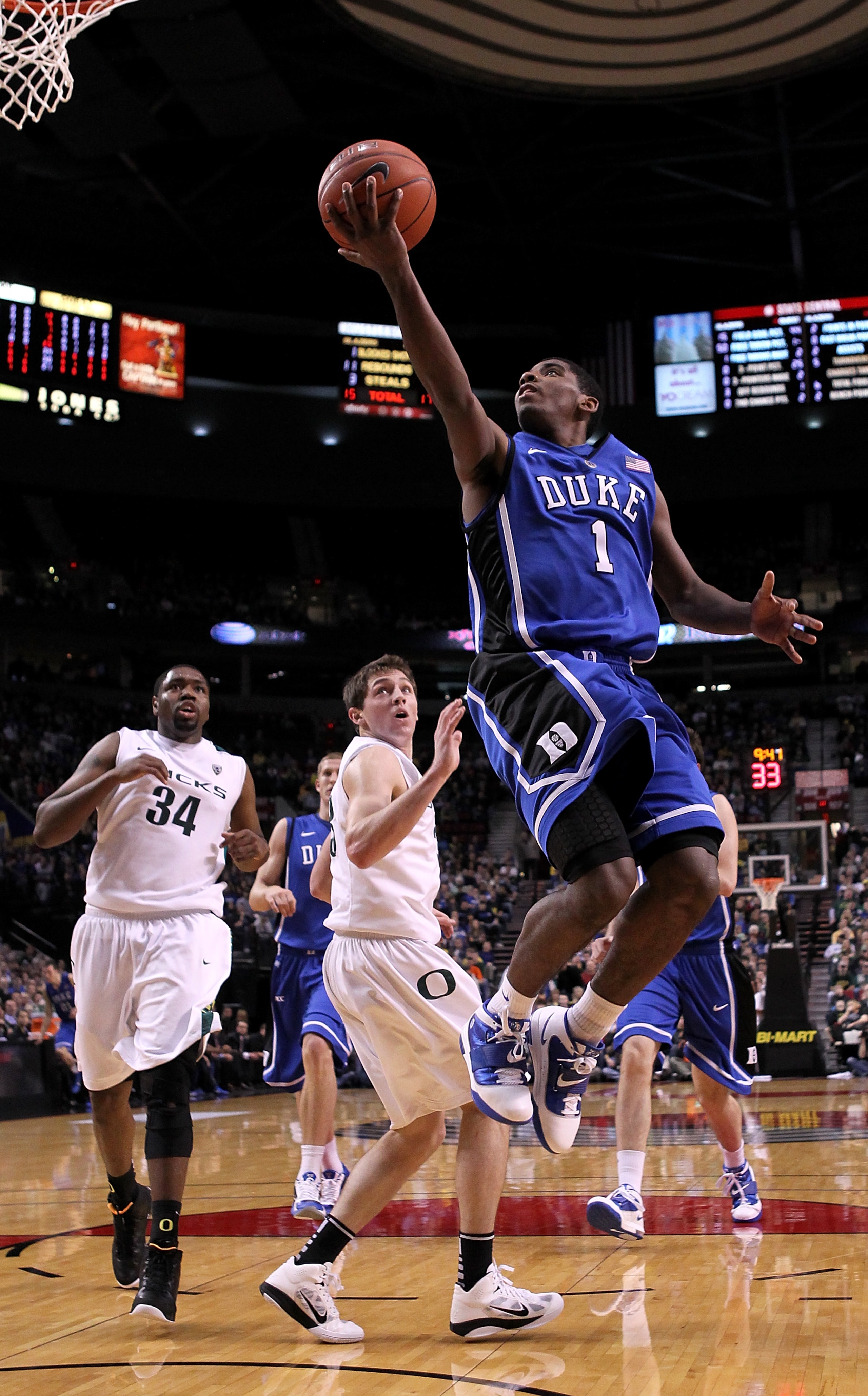 PORTLAND, OR - NOVEMBER 27: Kyrie Irving #1 of the Duke Blue Devils goes for a layup against the Oregon Ducks on November 27, 2010 at the Rose Garden in Portland, Oregon. (Photo by Jonathan Ferrey/Getty Images) PORTLAND, OR - NOVEMBER 27: Kyrie Irving #1 of the Duke Blue Devils goes for a layup against the Oregon Ducks on November 27, 2010 at the Rose Garden in Portland, Oregon. (Photo by Jonathan Ferrey/Getty Images)