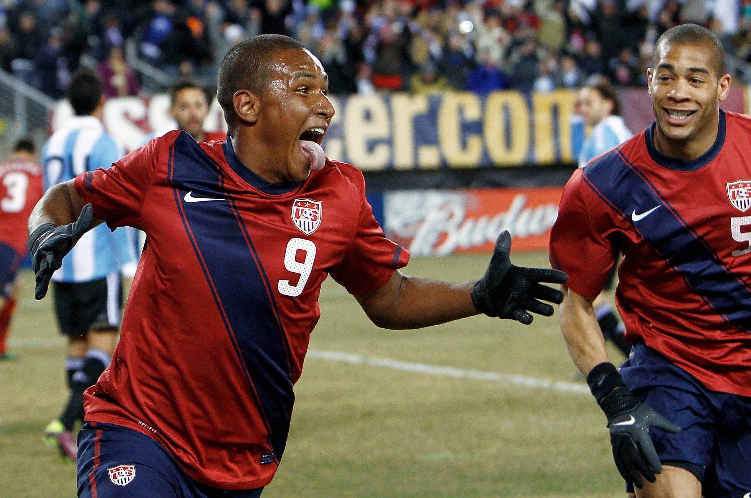EAST RUTHERFORD, NJ - MARCH 26:  Juan Agudelo #9 and Oguchi Onyewu #5 of the United States celebrate Agudelo's game-tying goal during the second half of a friendly match against Argentina at New Meadowlands Stadium on March 26, 2011 in East Rutherford, Ne
