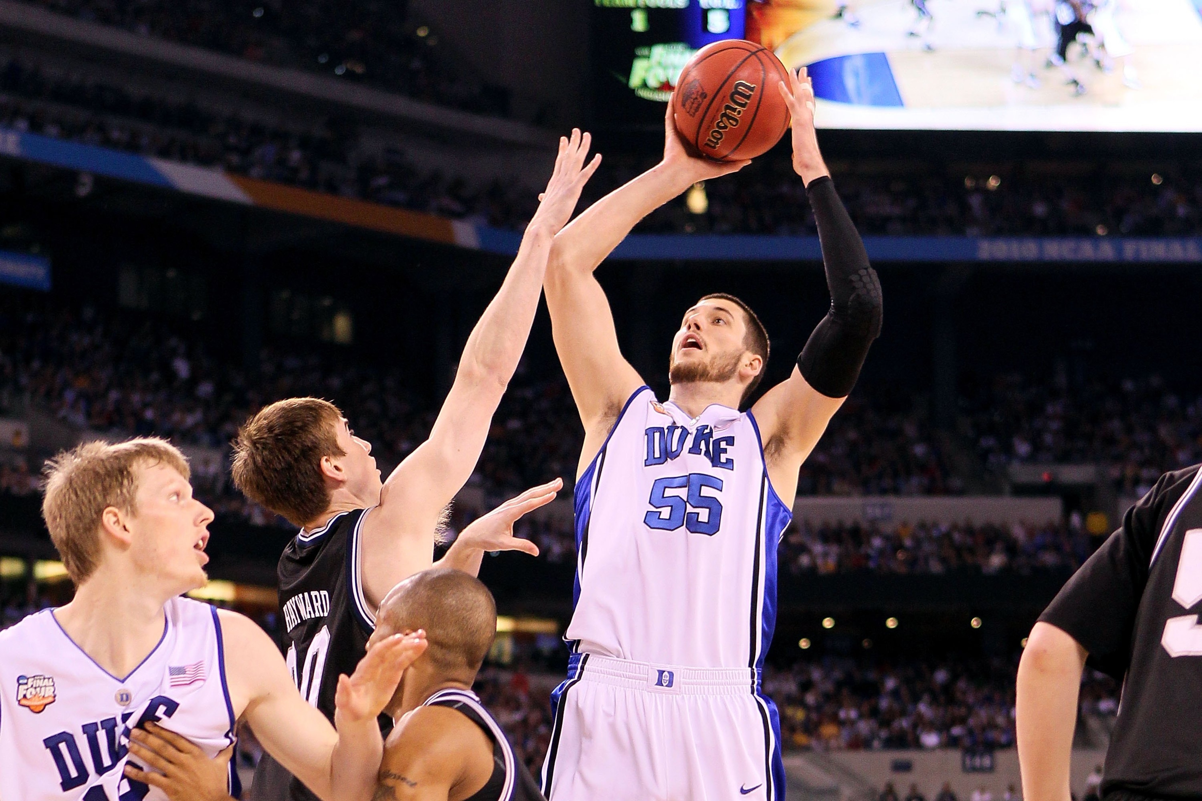 INDIANAPOLIS - APRIL 05:  Brian Zoubek #55 of the Duke Blue Devils attempts a shot against the Butler Bulldogs during the 2010 NCAA Division I Men's Basketball National Championship game at Lucas Oil Stadium on April 5, 2010 in Indianapolis, Indiana.  (Ph