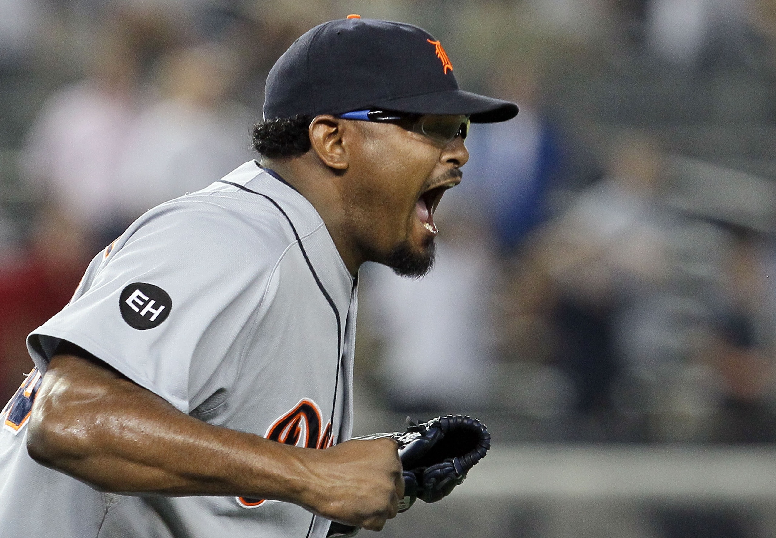 NEW YORK - AUGUST 16:  Jose Valverde #46 of the Detroit Tigers celebrates the final out of the game against the New York Yankees on August 16, 2010 at Yankee Stadium in the Bronx borough of New York City. The Tigers defeated the Yankees 3-1.  (Photo by Ji