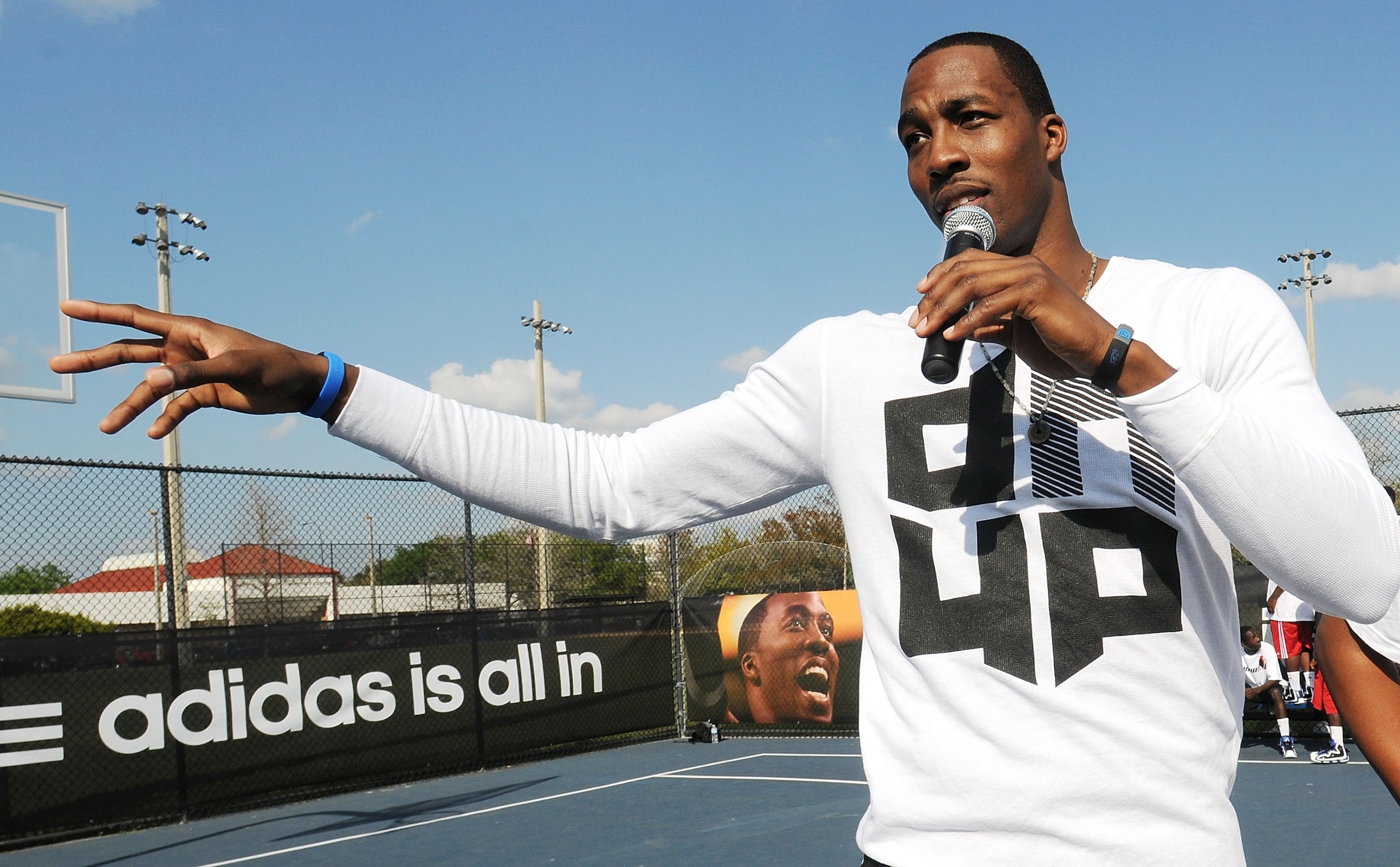 ORLANDO, FL - MARCH 17:  NBA All-Star Dwight Howard shows off his game face at an Orlando community center where he was on hand to capture kids' game faces for the next adidas commercial on March 17, 2011 in Orlando, Florida. Fans can visit www.facebook.c