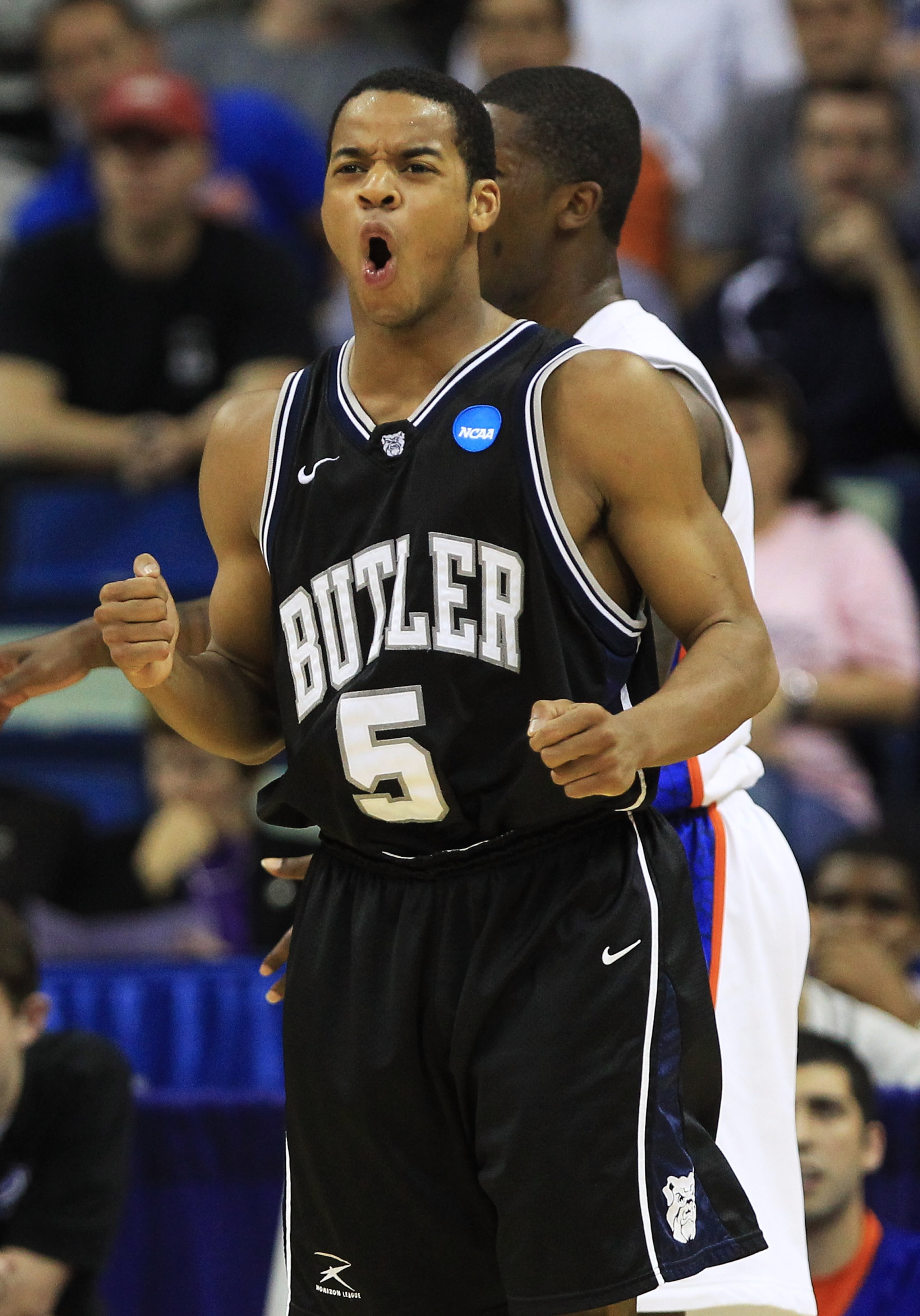 NEW ORLEANS, LA - MARCH 26:  Ronald Nored #5 of the Butler Bulldogs reacts during their game against the Florida Gators in the Southeast regional final of the 2011 NCAA men's basketball tournament at New Orleans Arena on March 26, 2011 in New Orleans, Lou