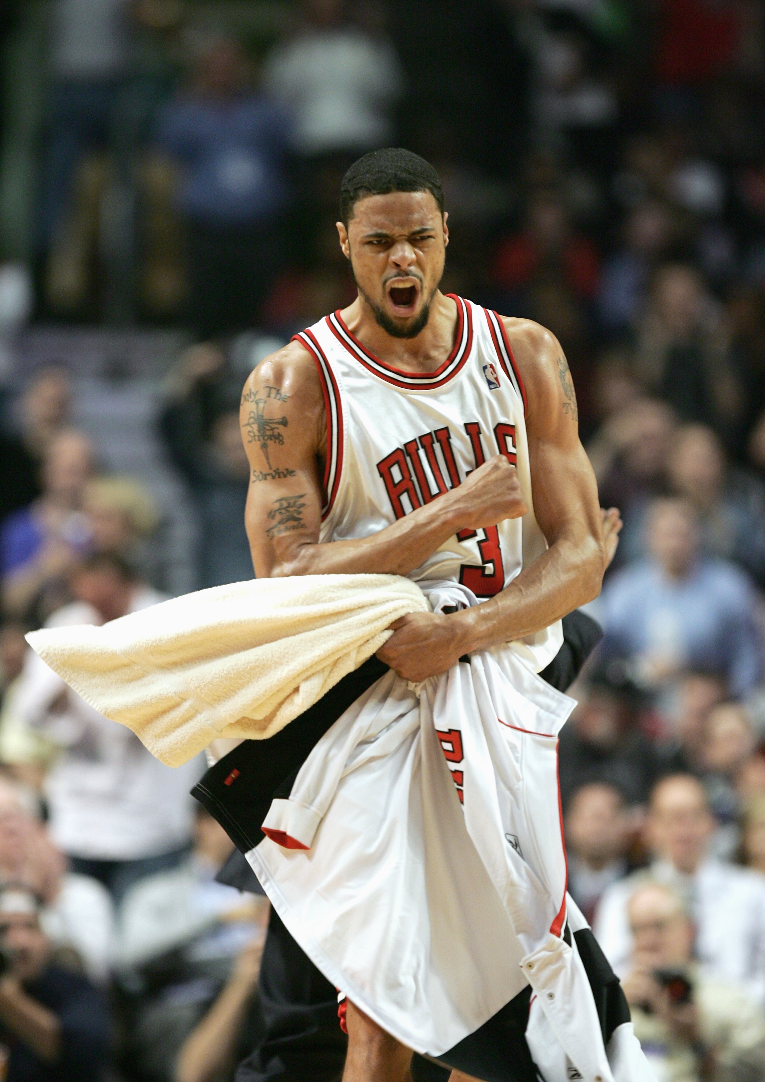 CHICAGO - APRIL 27: Tyson Chandler #3 of the Chicago Bulls celebrates in game three of the Eastern Conference Quarterfinals against the Miami Heat during the 2006 NBA Playoffs on April 27, 2006 at the United Center in Chicago, Illinois. The Bulls defeate CHICAGO - APRIL 27: Tyson Chandler #3 of the Chicago Bulls celebrates in game three of the Eastern Conference Quarterfinals against the Miami Heat during the 2006 NBA Playoffs on April 27, 2006 at the United Center in Chicago, Illinois. The Bulls defeate