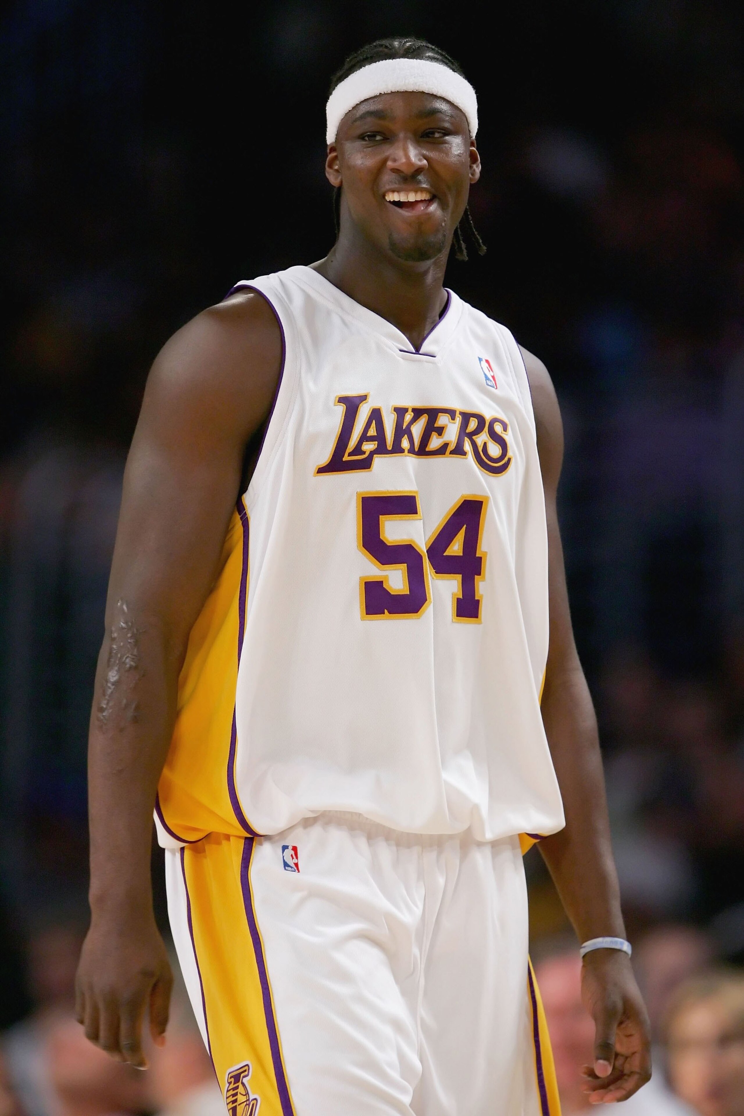 LOS ANGELES - NOVEMBER 19: Kwame Brown #54 of the Los Angeles Lakers laughs during the game against the Chicago Bulls on November 19, 2006 at Staples Center in Los Angeles, California. The Lakers won 82-72. NOTE TO USER: User expressly acknowledges and LOS ANGELES - NOVEMBER 19: Kwame Brown #54 of the Los Angeles Lakers laughs during the game against the Chicago Bulls on November 19, 2006 at Staples Center in Los Angeles, California. The Lakers won 82-72. NOTE TO USER: User expressly acknowledges and