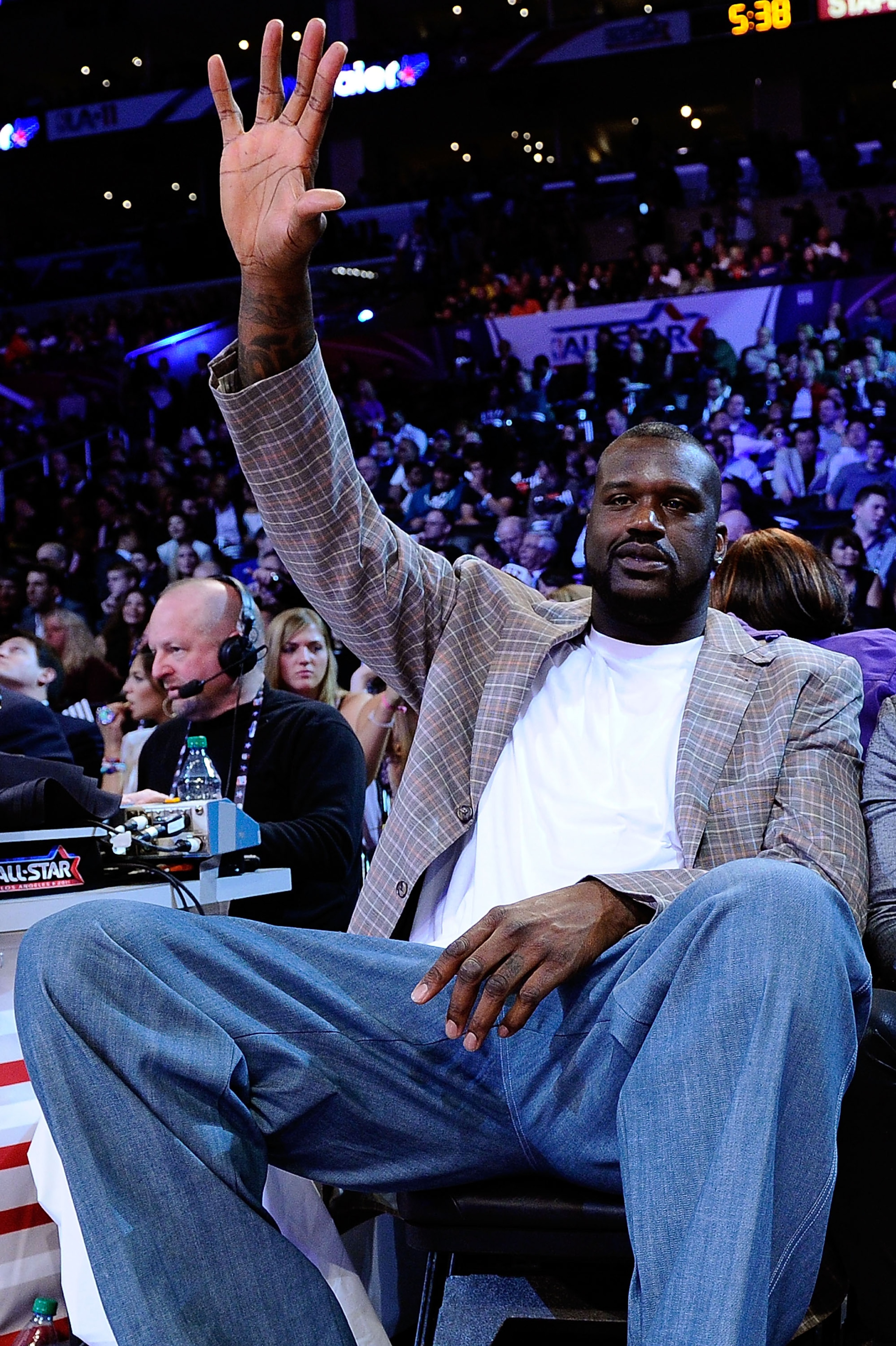 LOS ANGELES, CA - FEBRUARY 19:  Shaquille O'Neal of the Boston Celtics waves as he attends NBA All-Star Saturday night presented by State Farm at Staples Center on February 19, 2011 in Los Angeles, California.  (Photo by Kevork Djansezian/Getty Images)