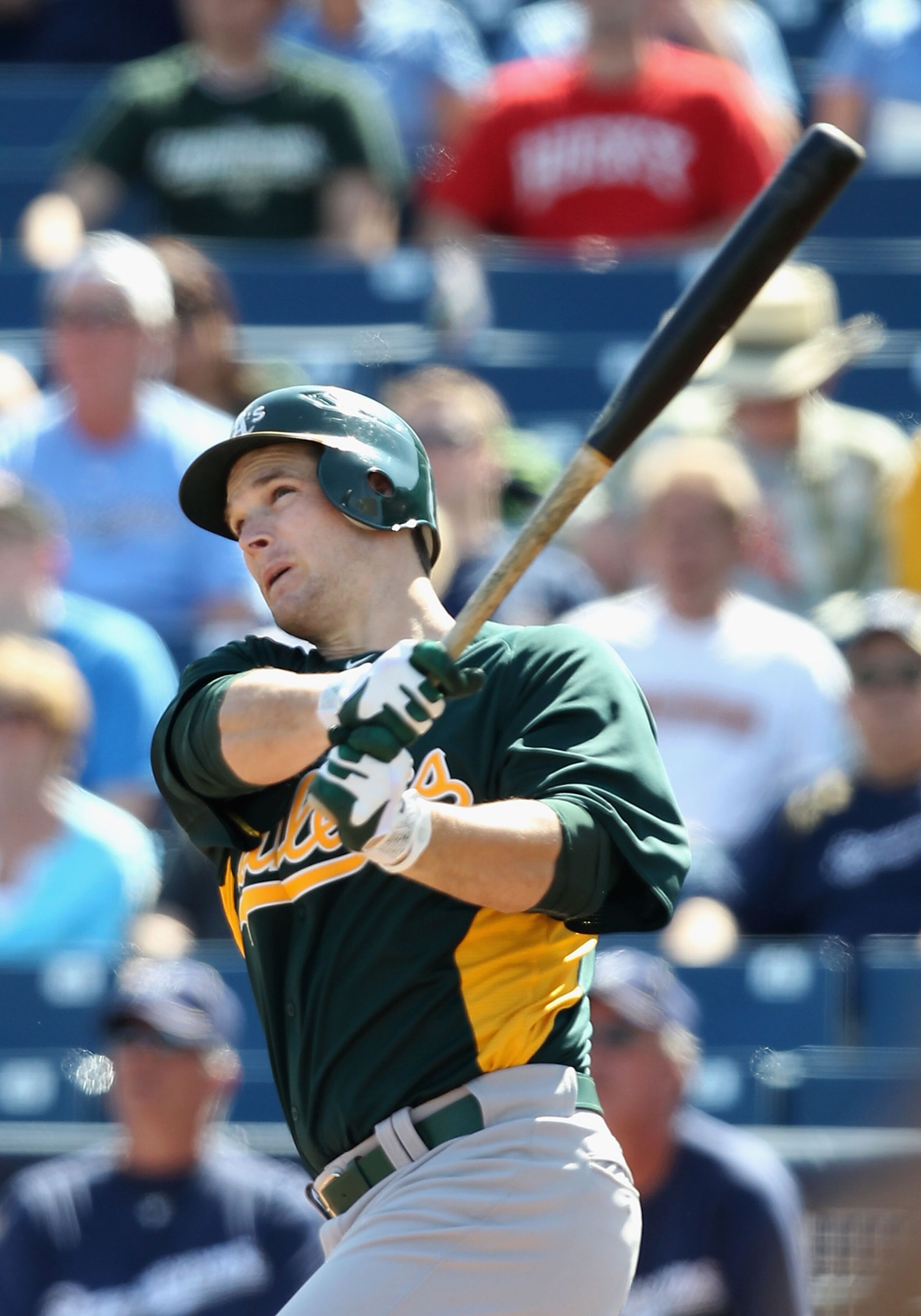 PHOENIX, AZ - MARCH 03:  Josh Willingham #16 of the Oakland Athletics hits a 3 run home run against the Milwaukee Brewers during the second inning of the spring training game at Maryvale Baseball Park on March 3, 2011 in Phoenix, Arizona.  (Photo by Chris