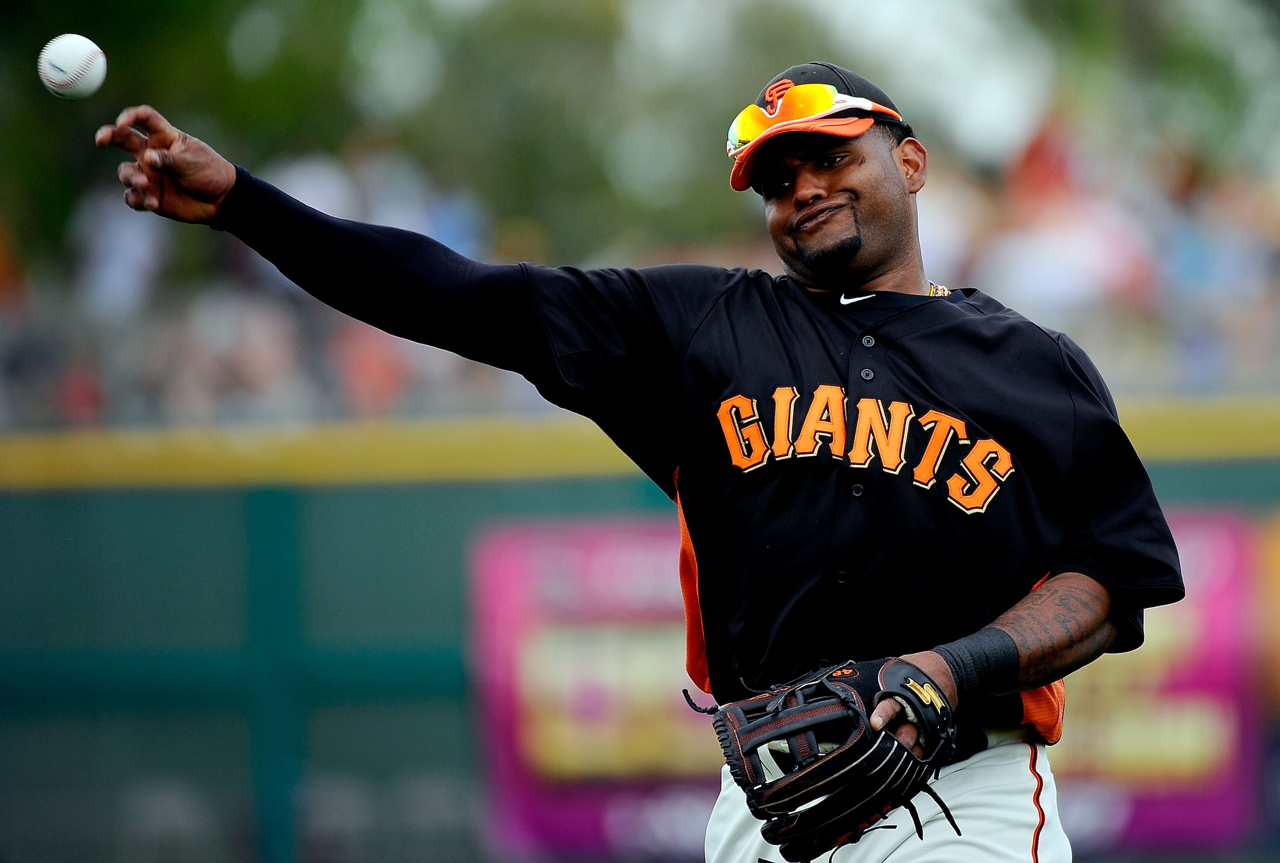 SCOTTSDALE, AZ - MARCH 14:  Pablo Sandoval #48 of the San Francisco Giants warms up before playing against the Milwaukee Brewers in the spring training baseball game at Scottsdale Stadium on March 14, 2011 in Scottsdale, Arizona.  (Photo by Kevork Djansez