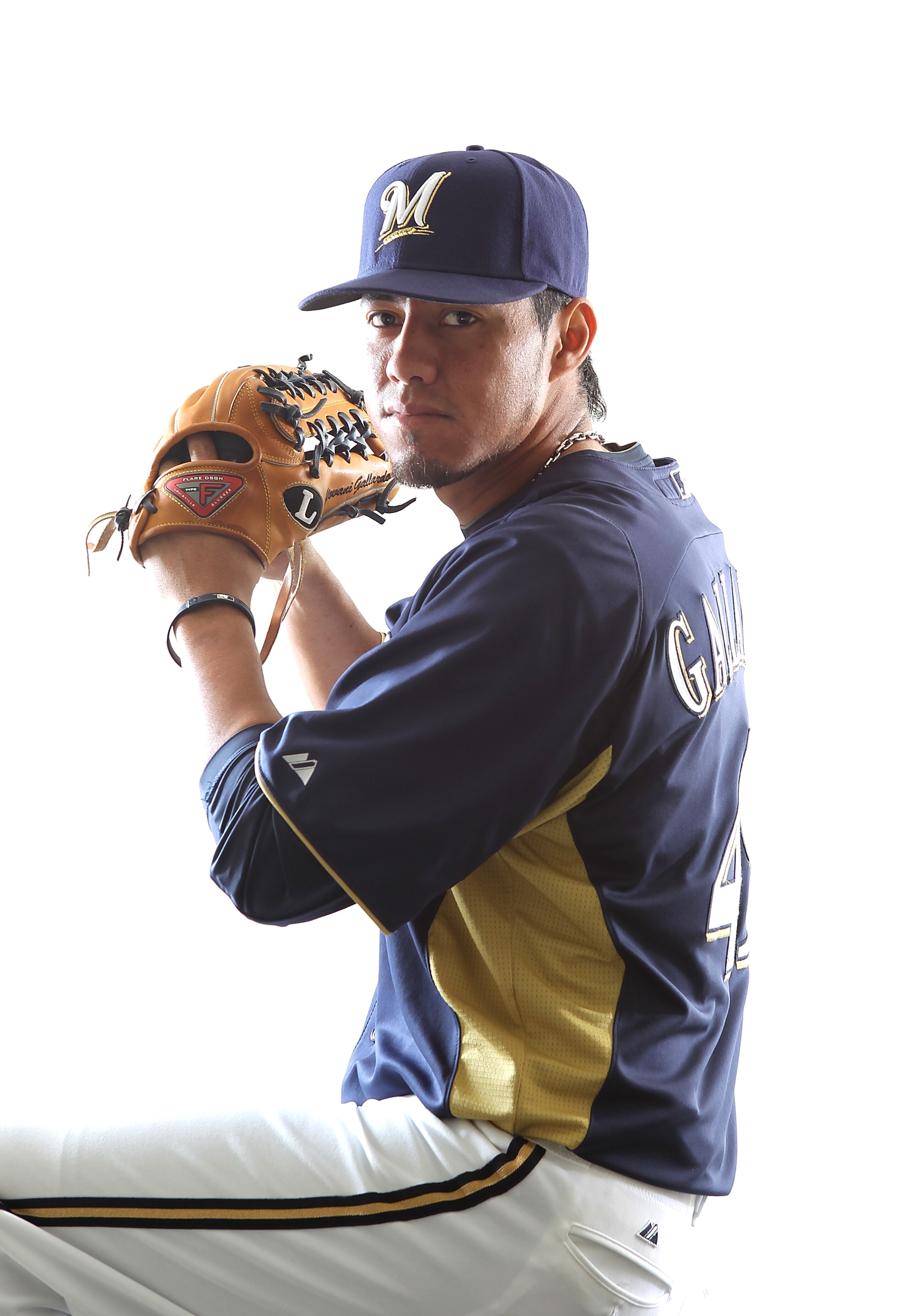 MARYVALE, AZ - FEBRUARY 24:  Yovani Gallardo #49 of the Milwaukee Brewers poses for a portrait during Spring Training Media Day on February 24, 2011 at Maryvale Stadium in Maryvale, Arizona.  (Photo by Jonathan Ferrey/Getty Images)