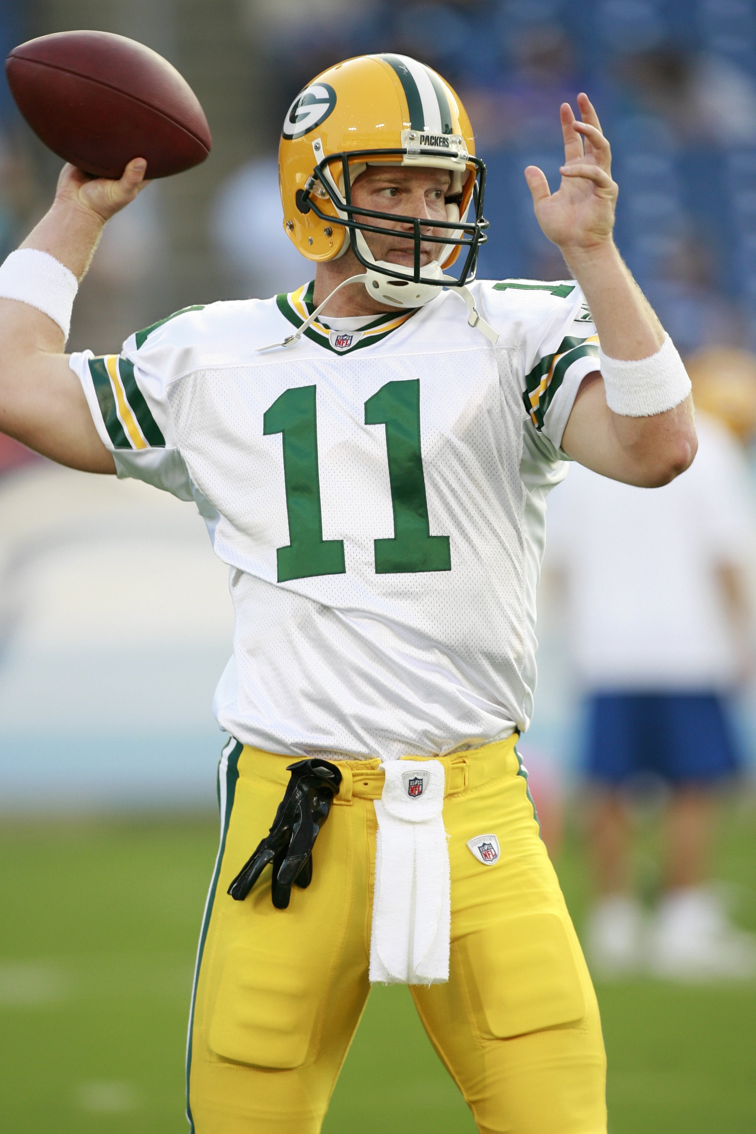 NASHVILLE, TN - SEPTEMBER 3: Brian Brohm #11 of the Green Bay Packers warms up against the Tennessee Titans during a preseason NFL game at LP Field on September 3, 2009 in Nashville, Tennessee. The Titans beat the Packers 27-13. (Photo by Joe Murphy/Getty